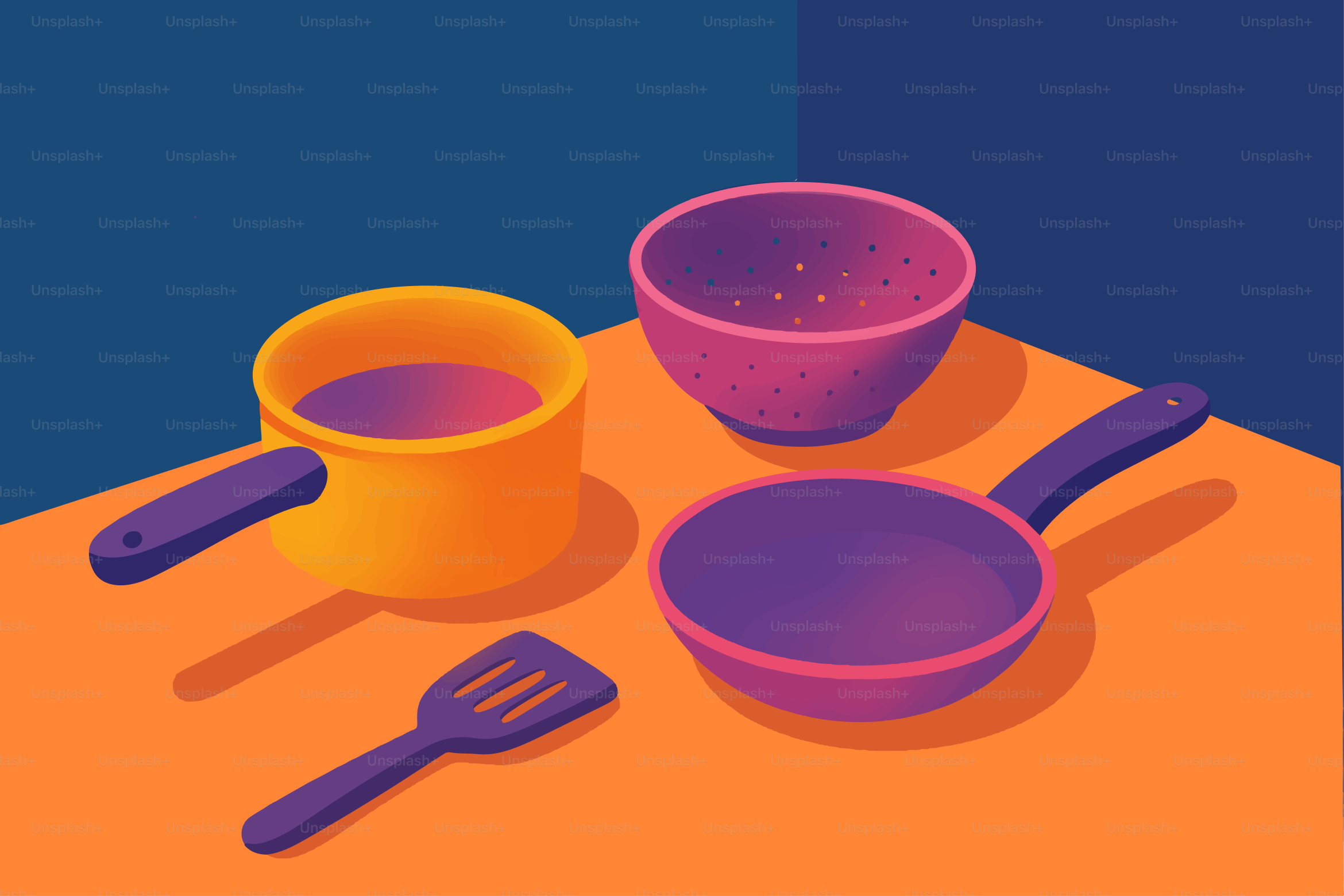 Kitchenware including a pot, pan, bowl, and spatula.