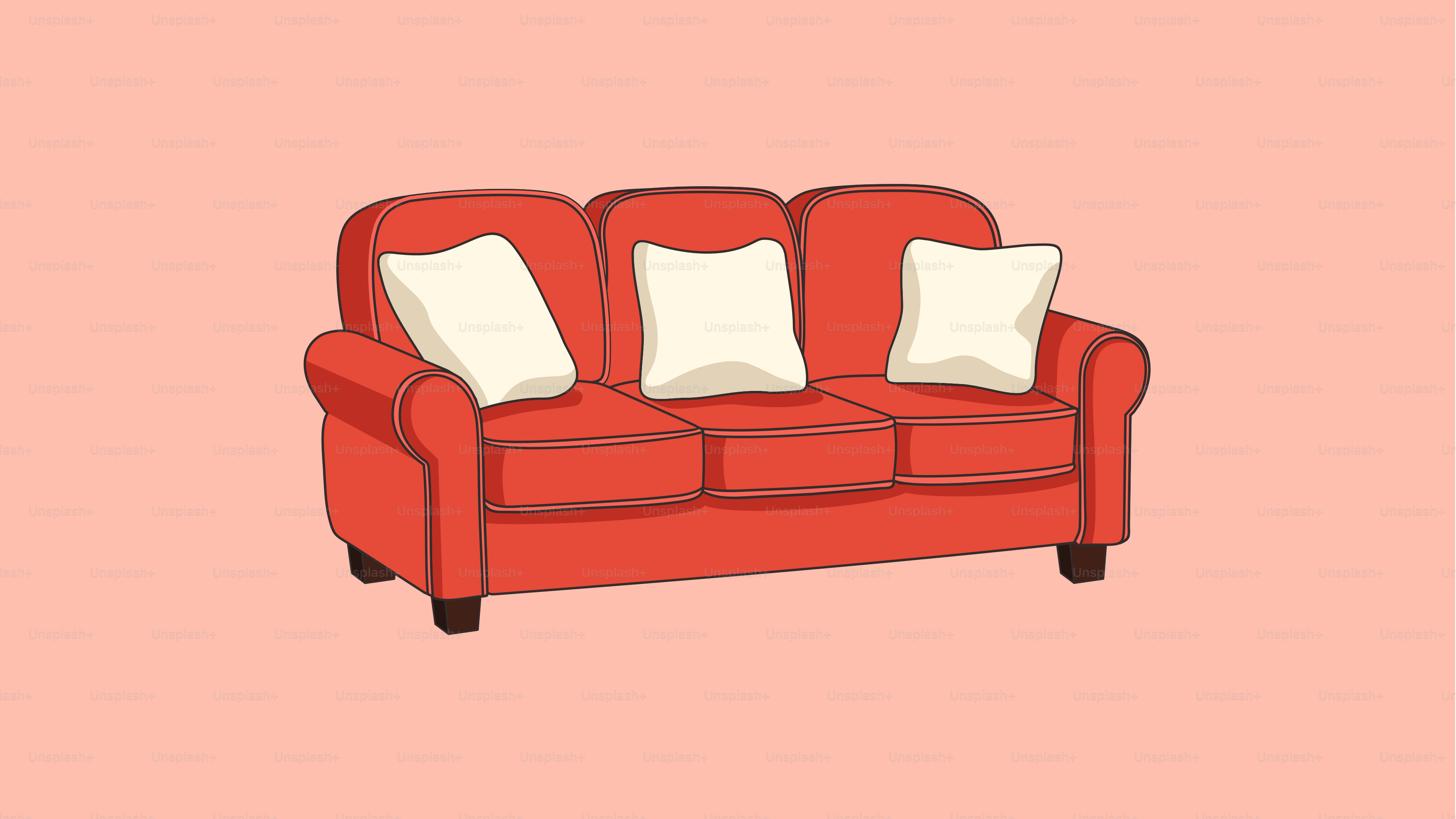 A red sofa with three white pillows.