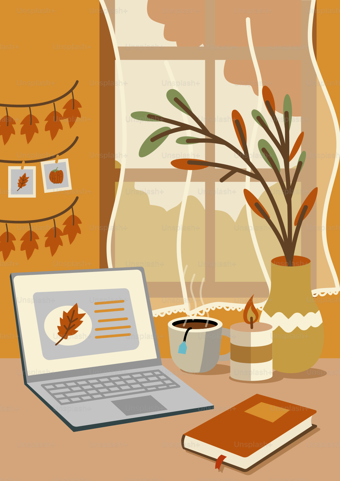 Accogliente scrivania autunnale con laptop, libro e candela.