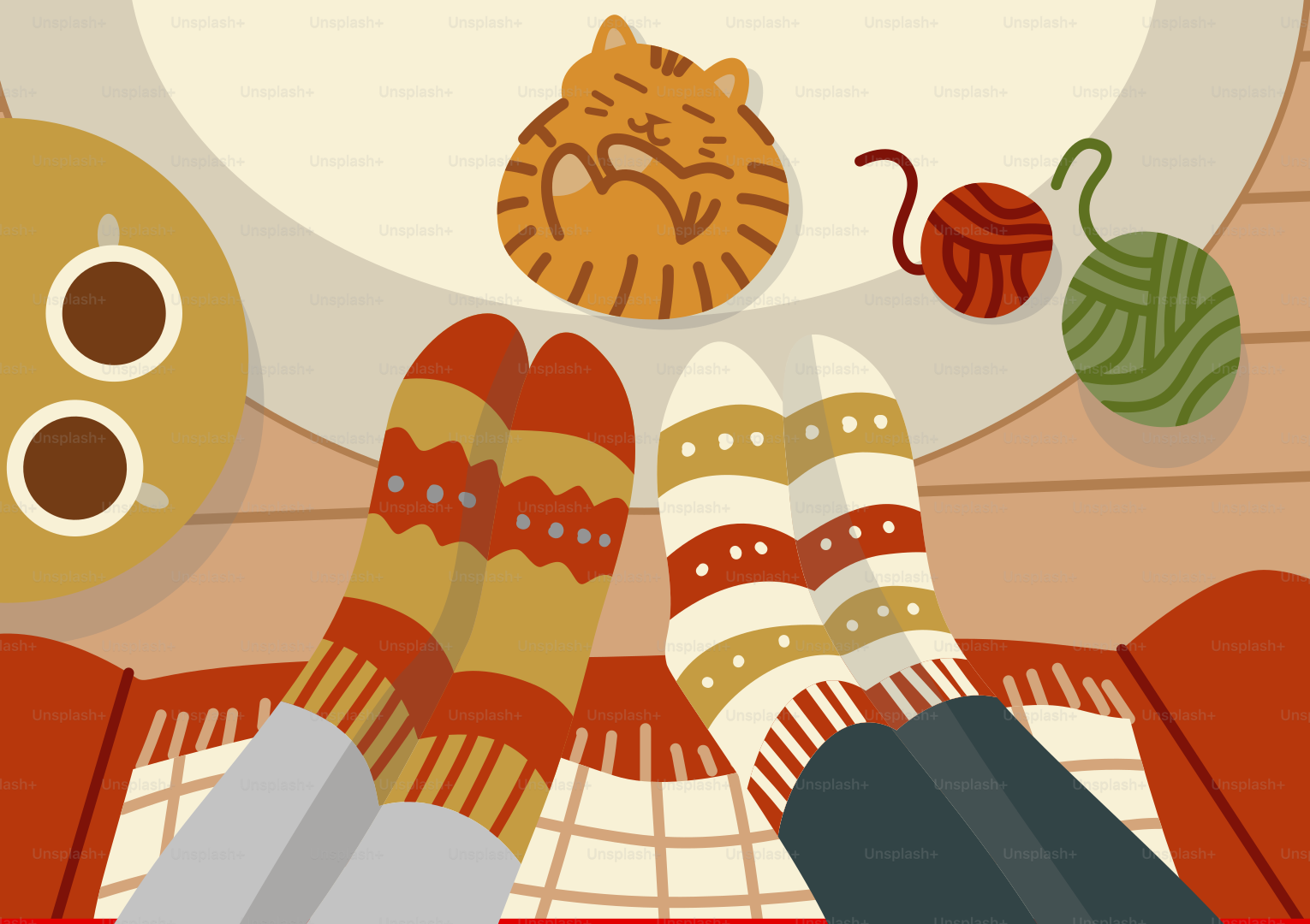 Piedi comodi in calzini fantasia con caffè e filato.