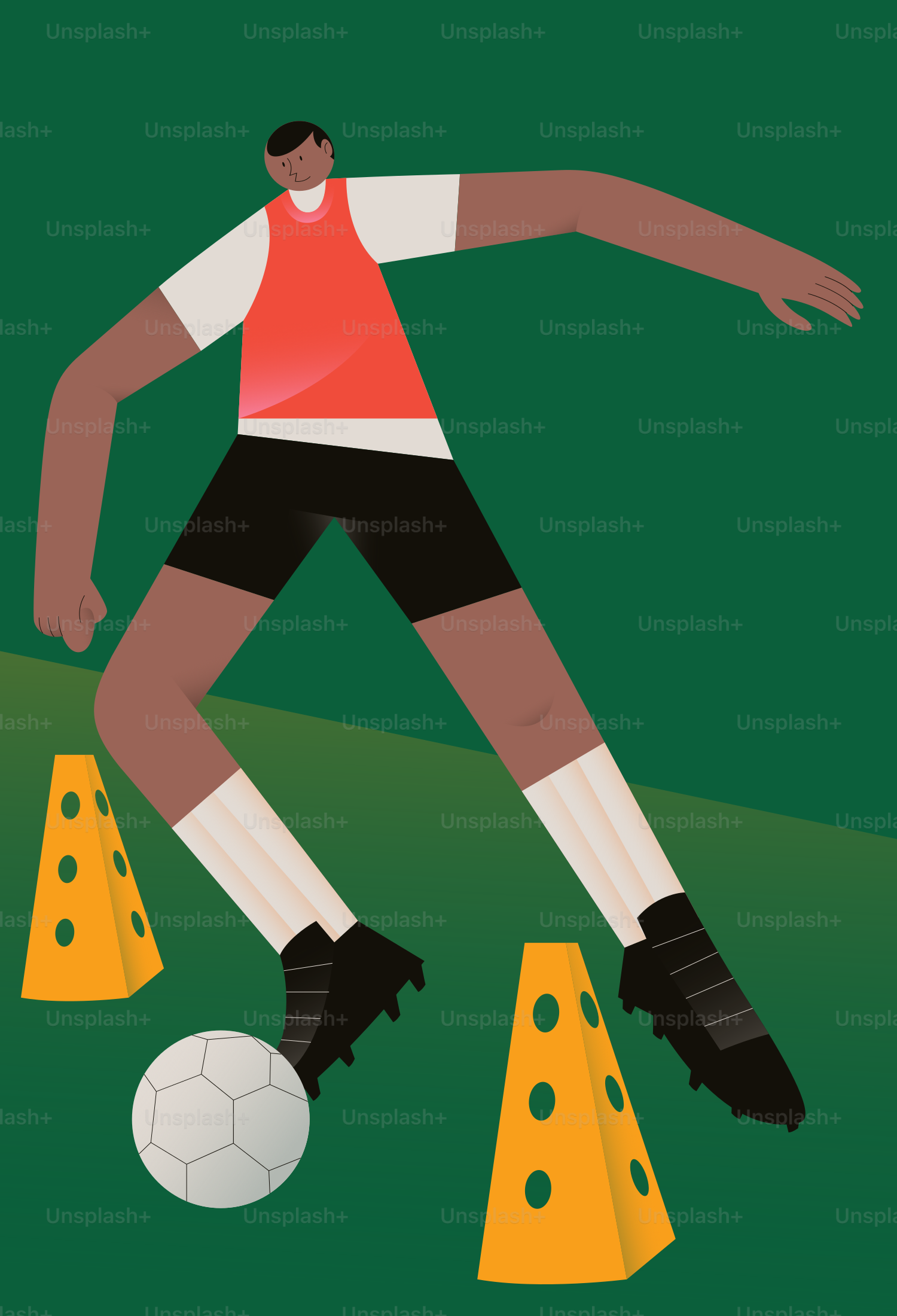 Soccer player dribbling around orange cones on green field.