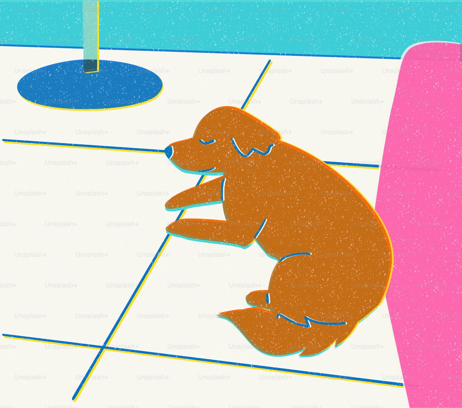 A brown dog sleeps curled up on a tiled floor.