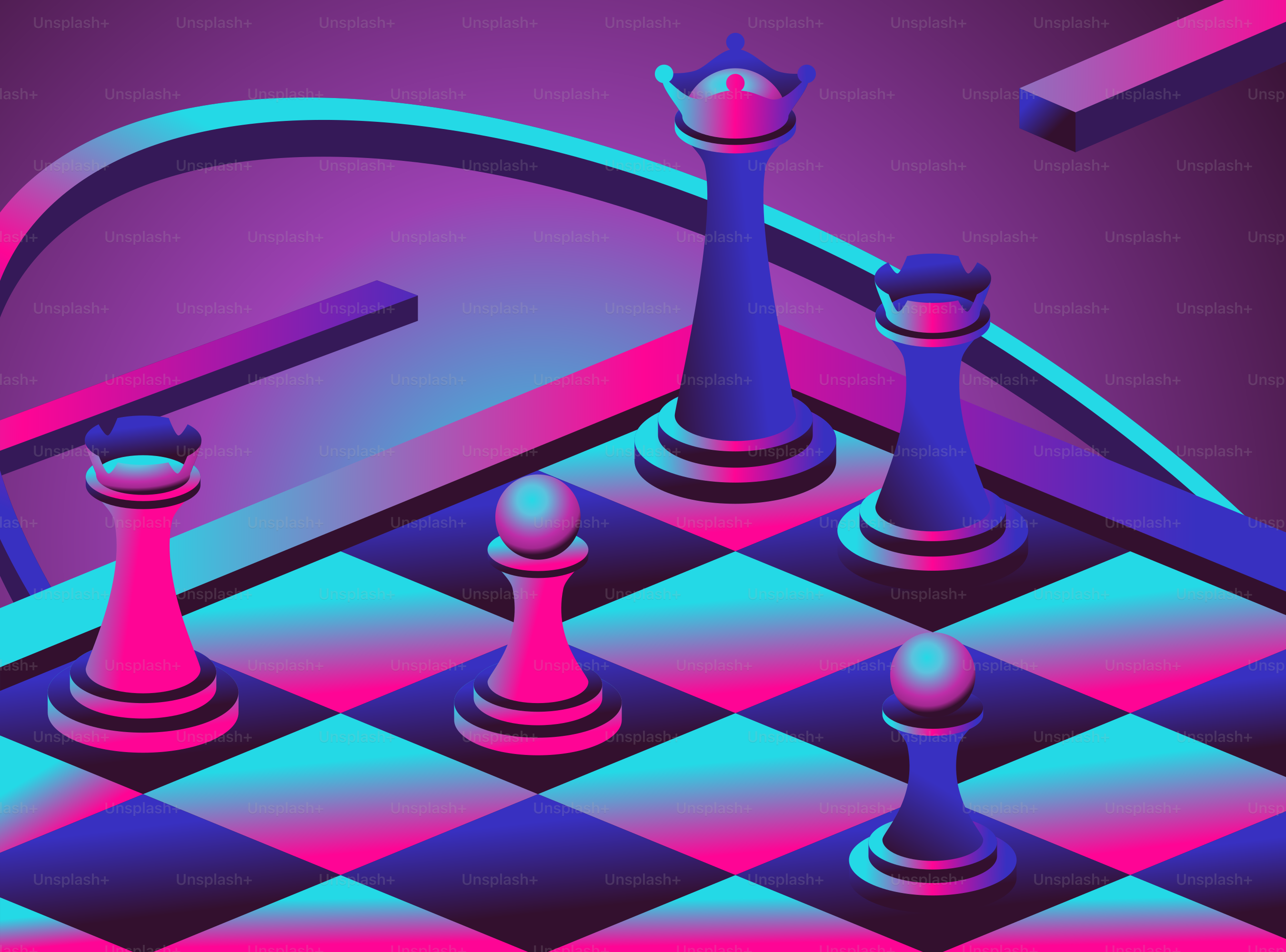 Chess pieces on a neon-lit board