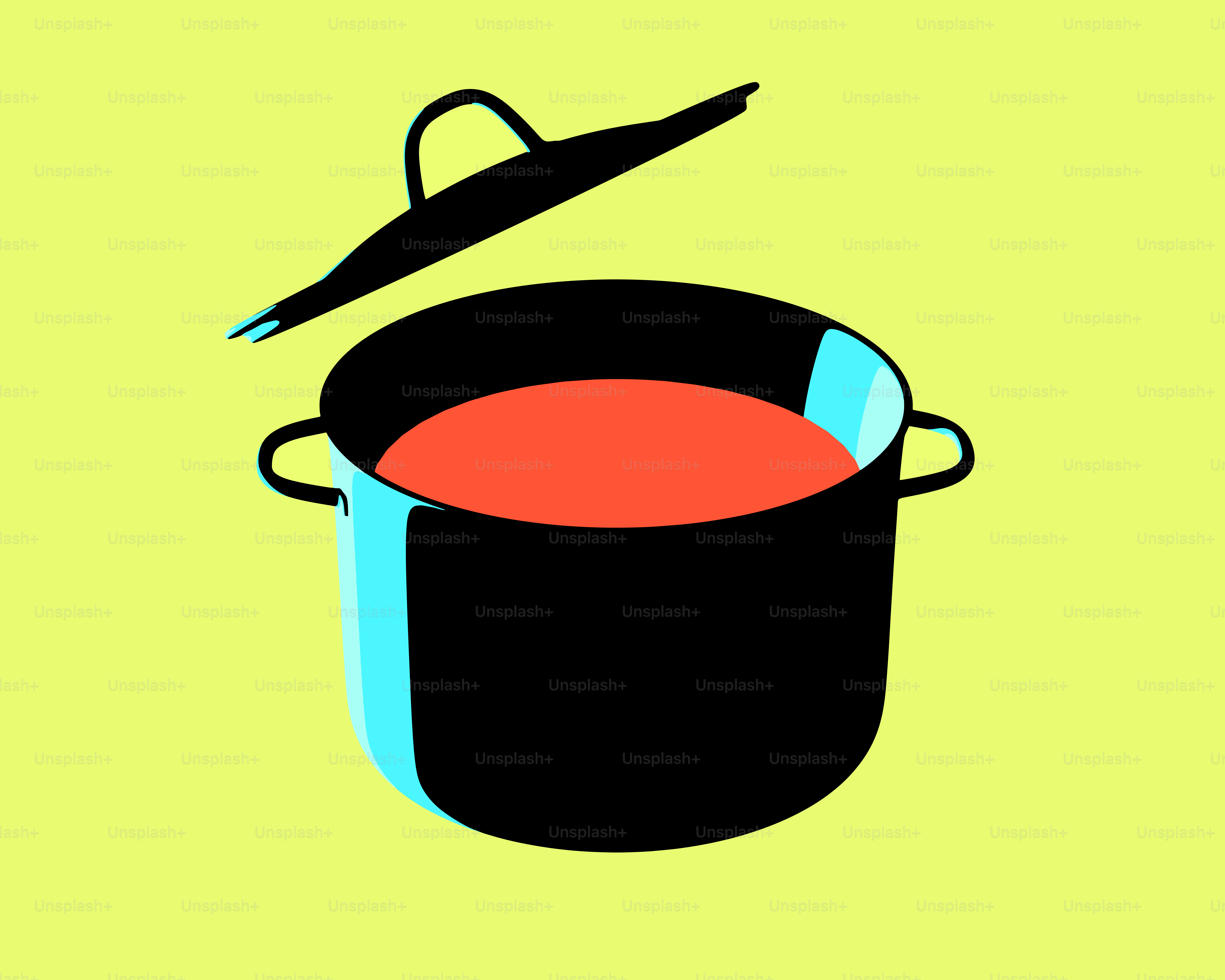 A black pot with a red liquid and open lid.