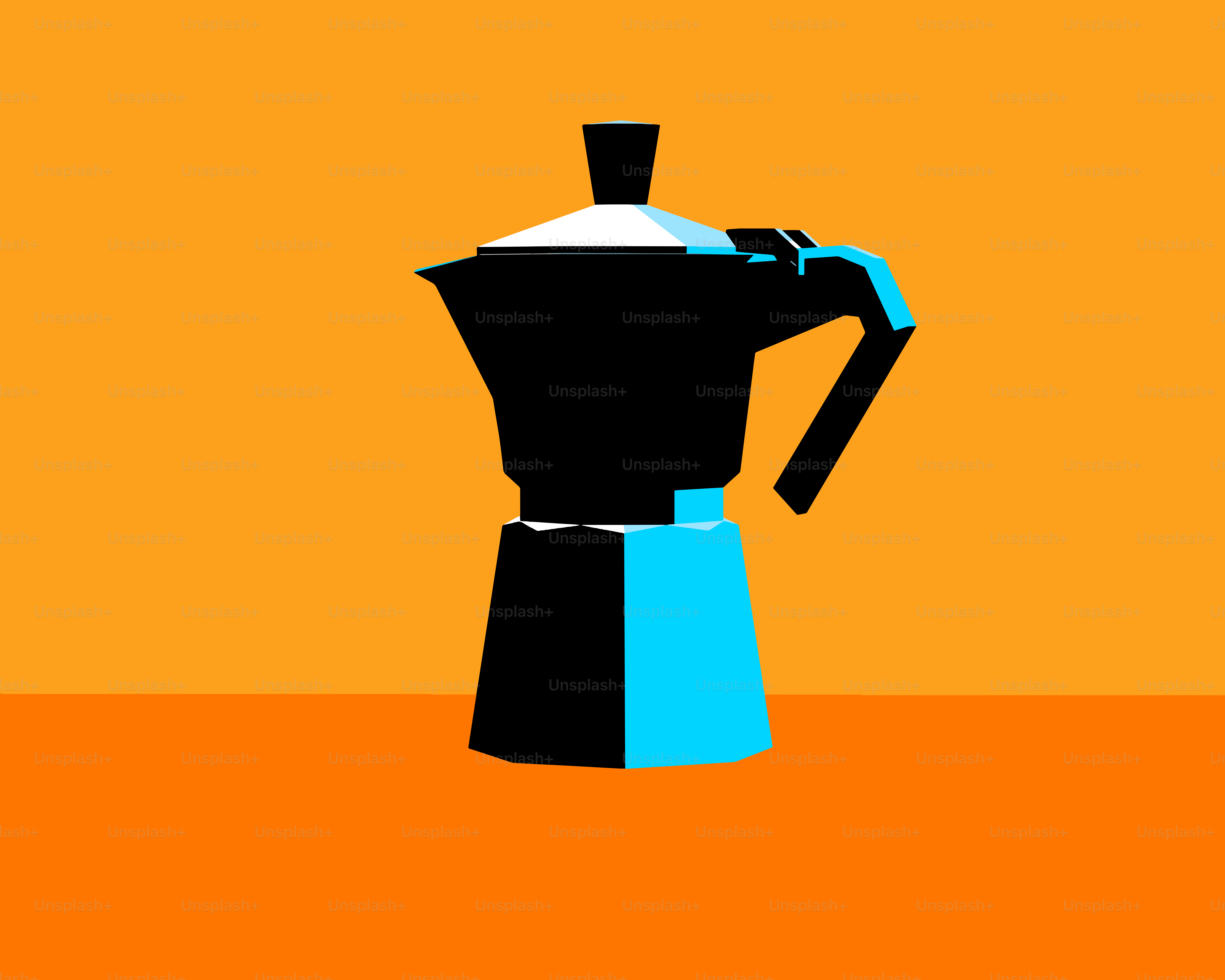 A black moka pot on an orange background.