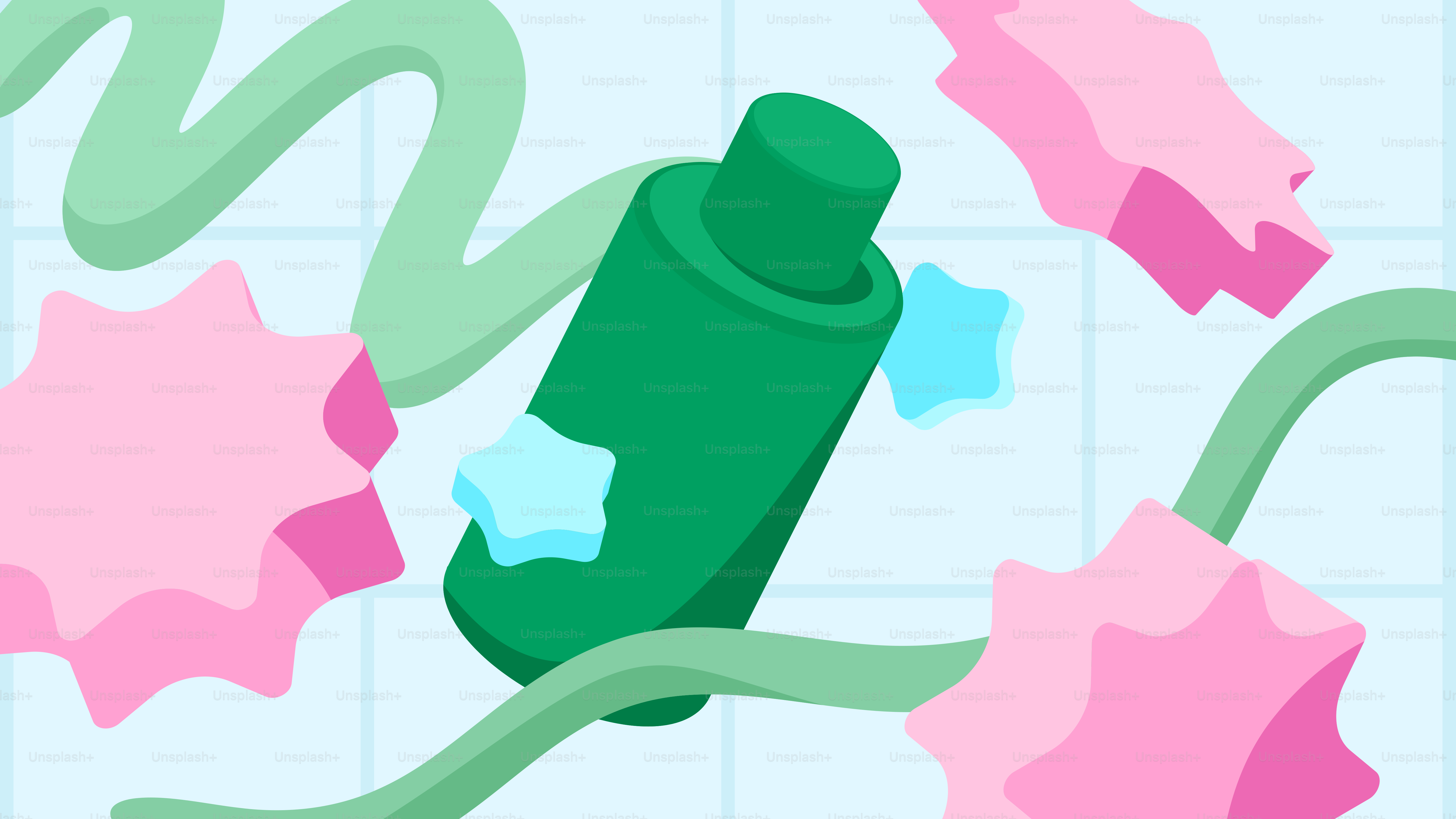 Green bottle with pink sponges and green wavy lines
