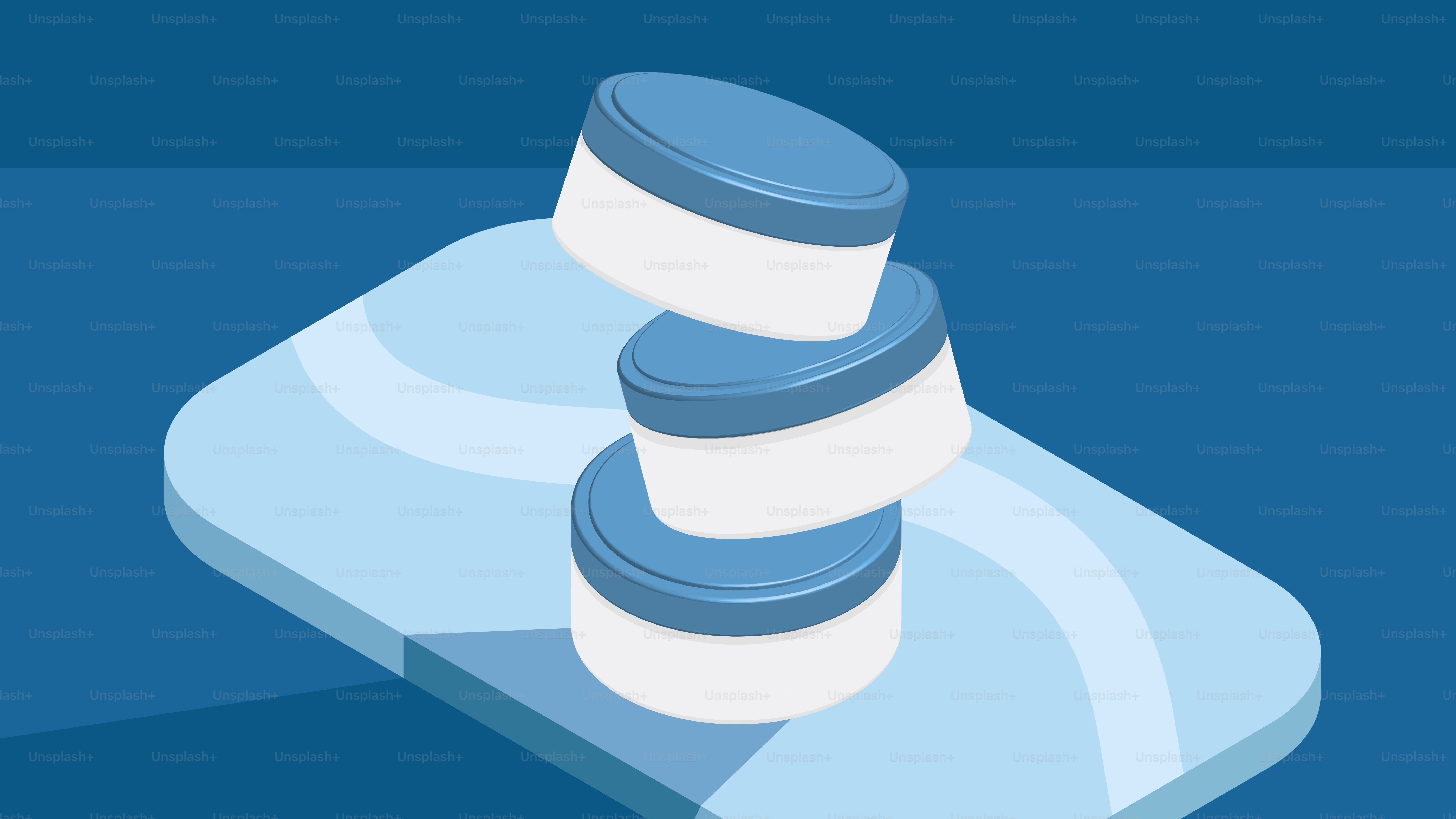 Three white jars stacked on a blue platform.