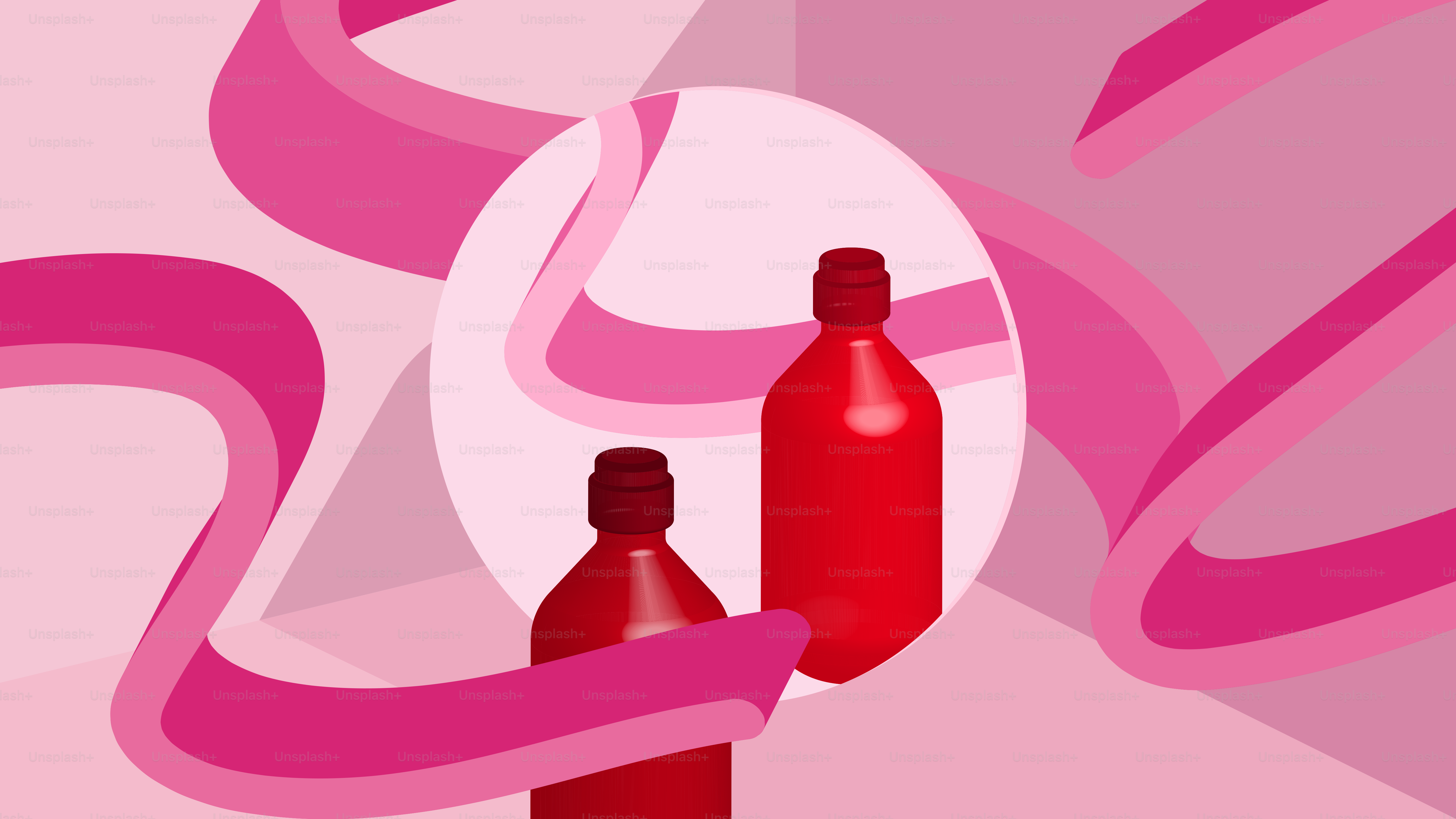 Due bottiglie rosse con nastri e cerchi rosa