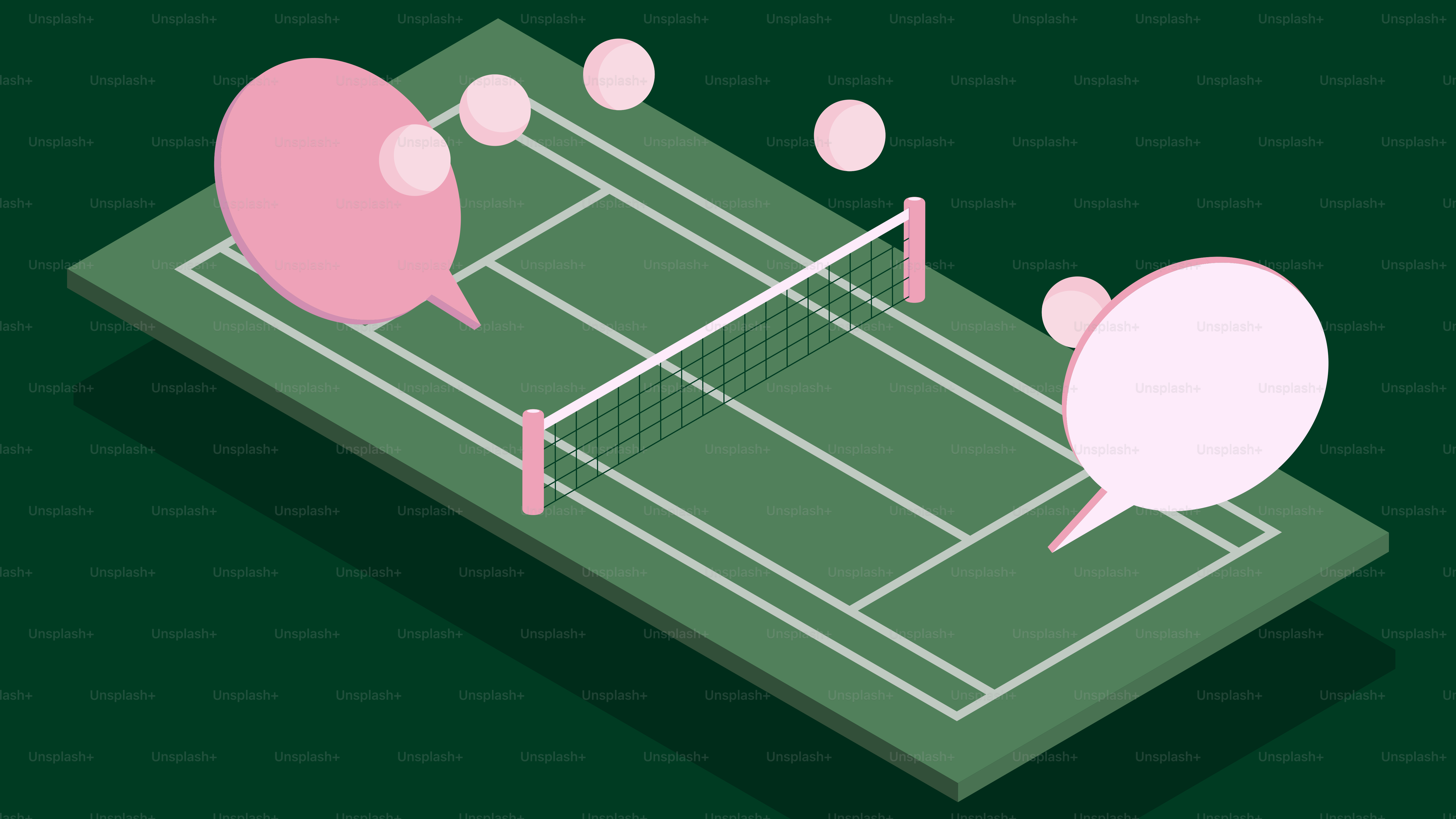 Pista de tenis con globos de diálogo y pelotas rosas