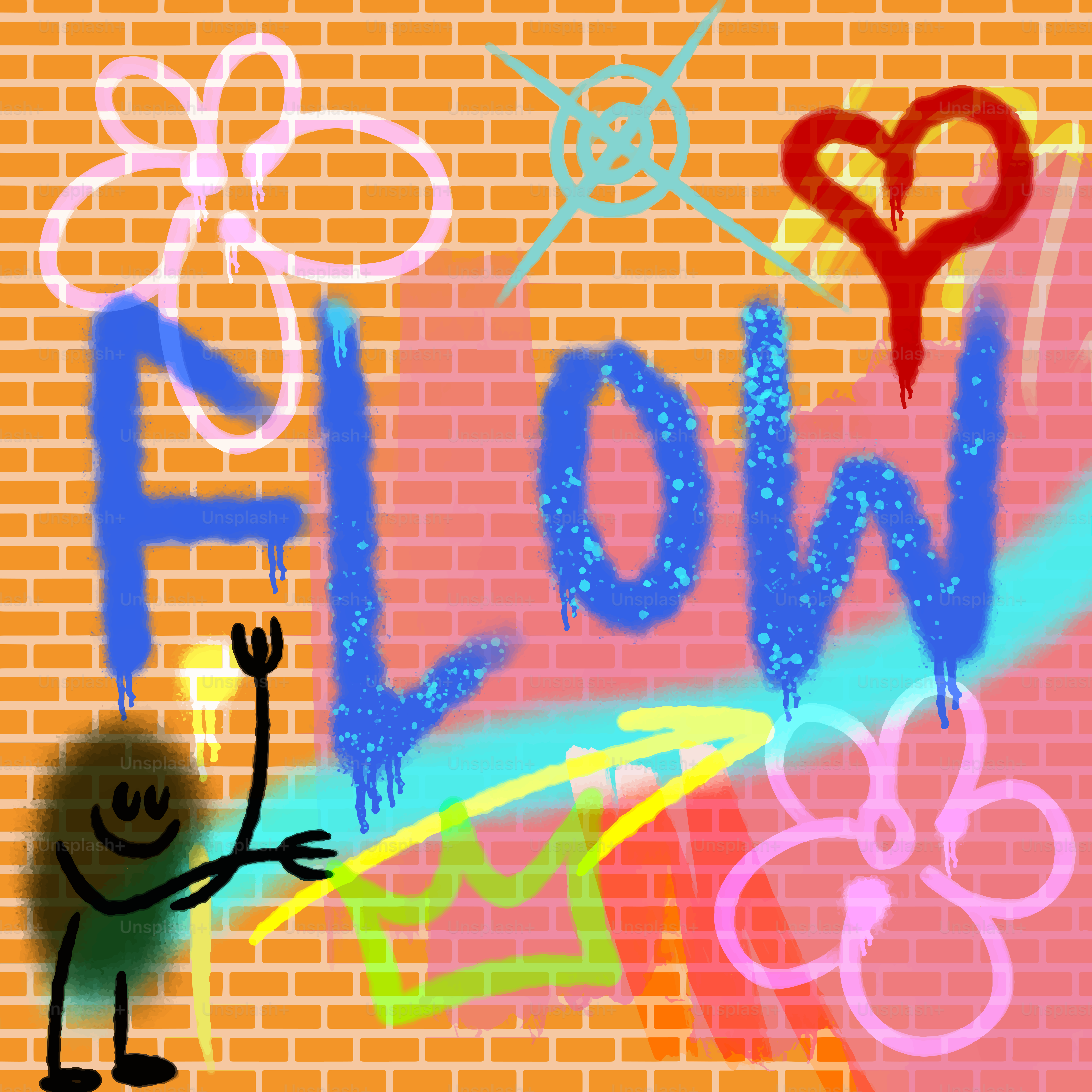 Graffiti art with the word "flow" and drawings.