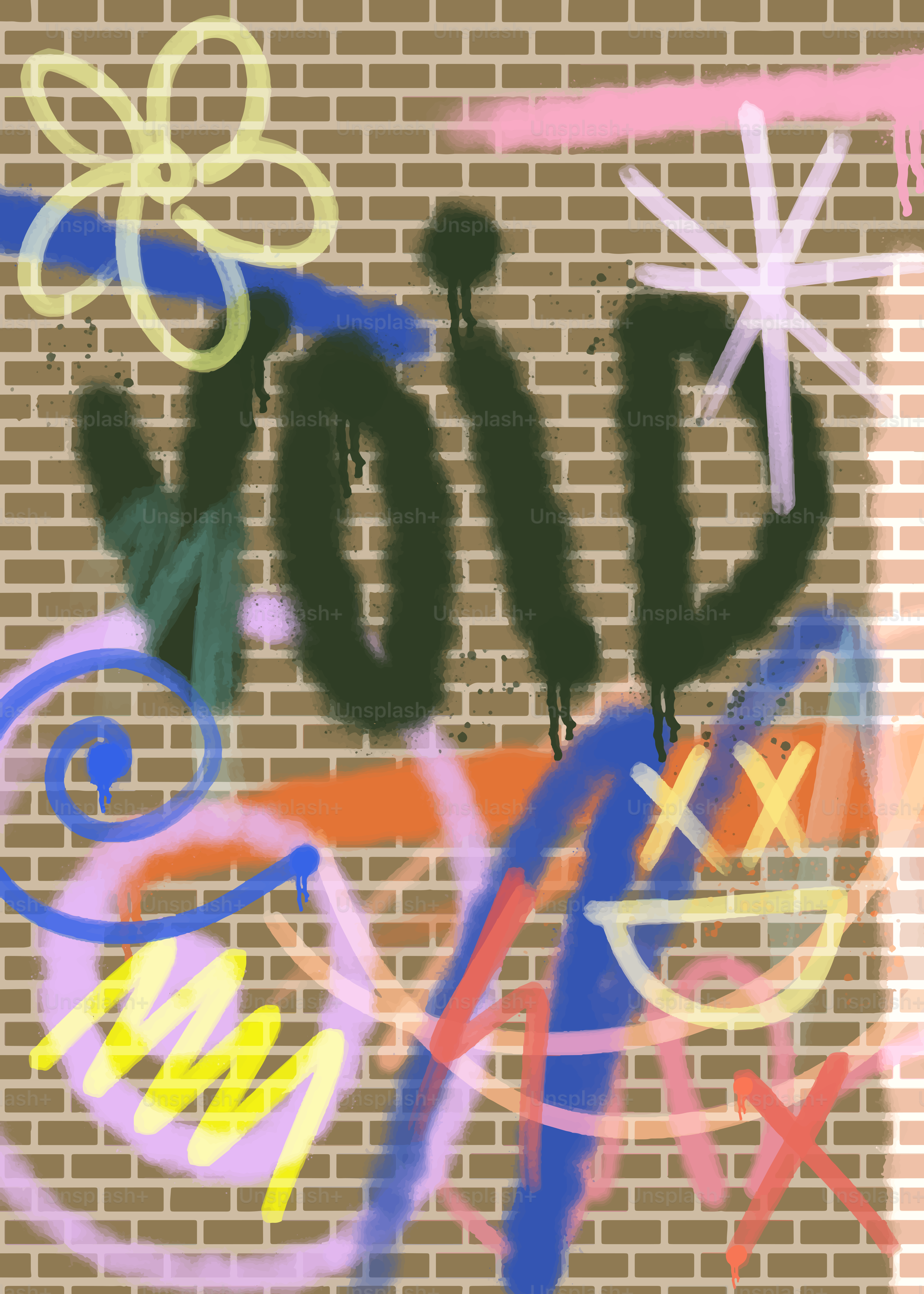 Graffiti art on a brick wall with colorful abstract designs.