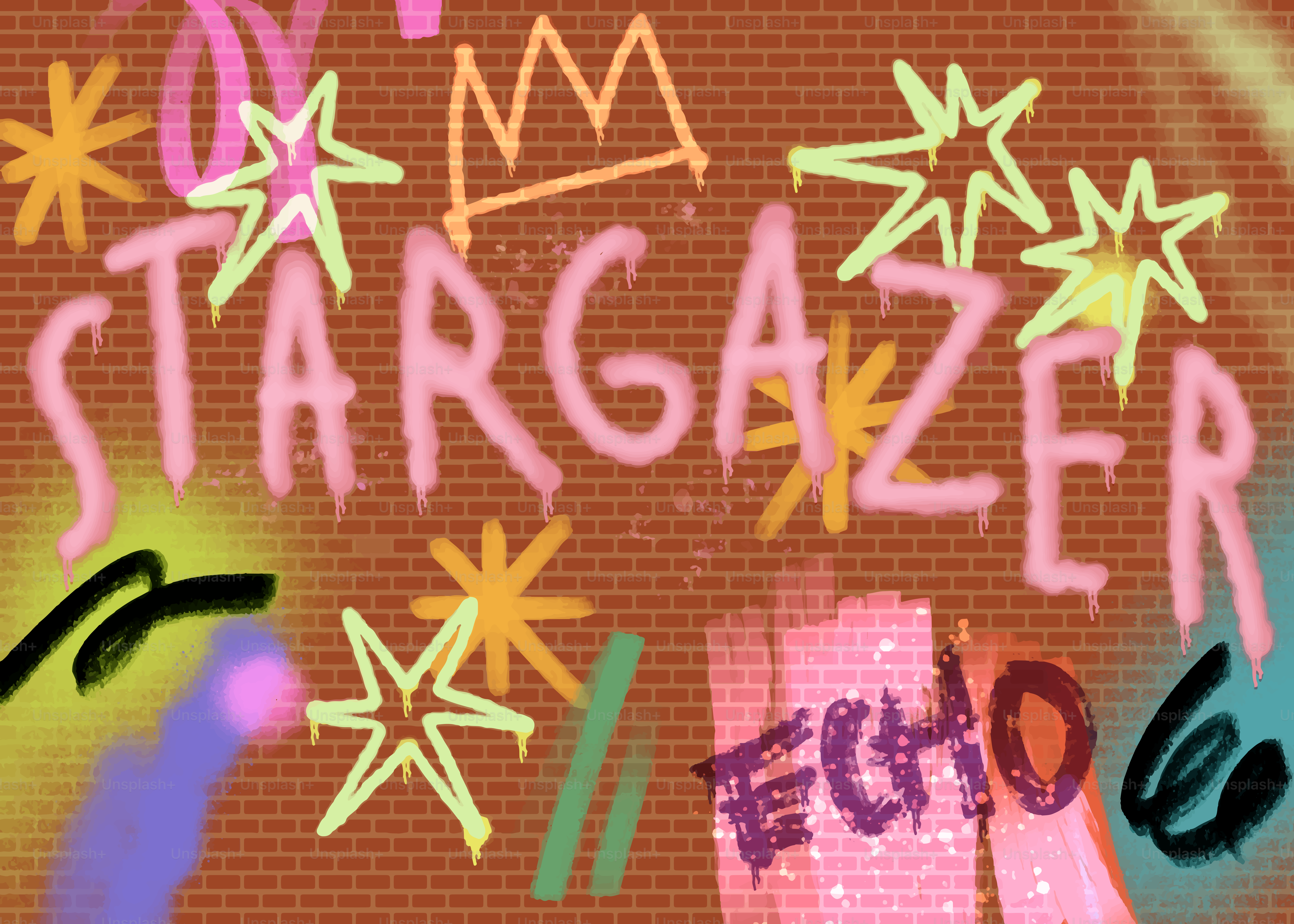 Graffiti art on a brick wall with "stargazer" and "echo"