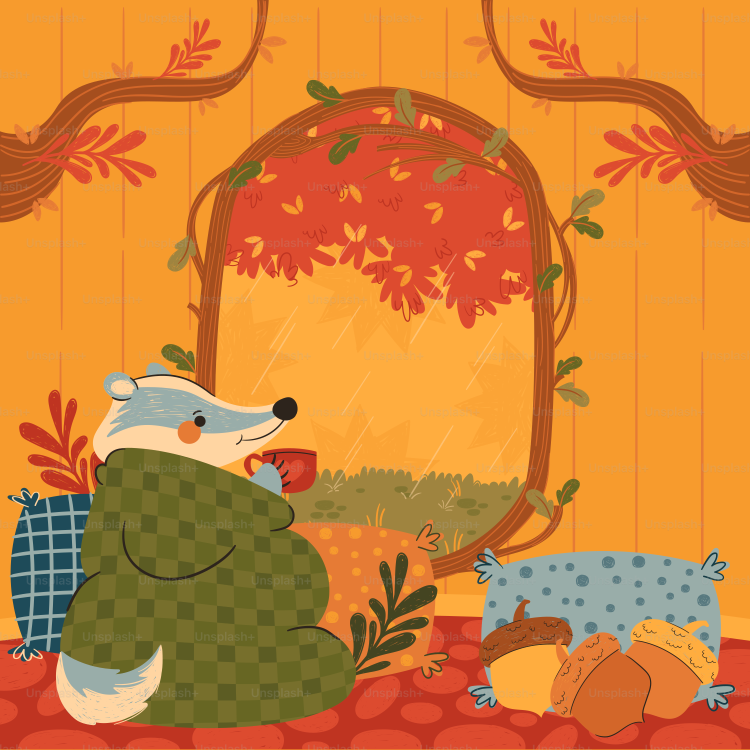Badger wrapped in blanket drinks tea by window
