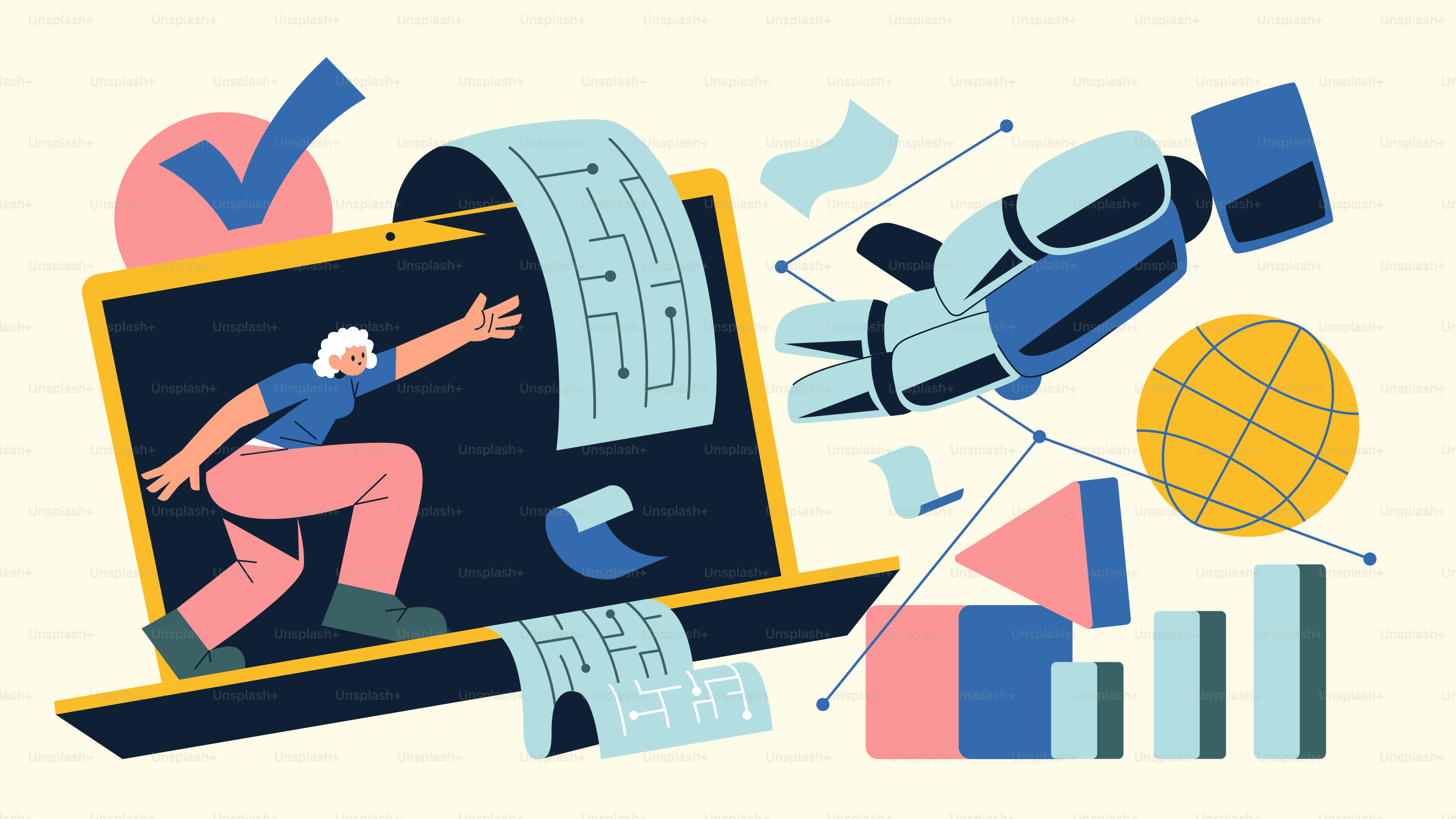 Person reaching from laptop towards robot arm - Vector Illustration on ...