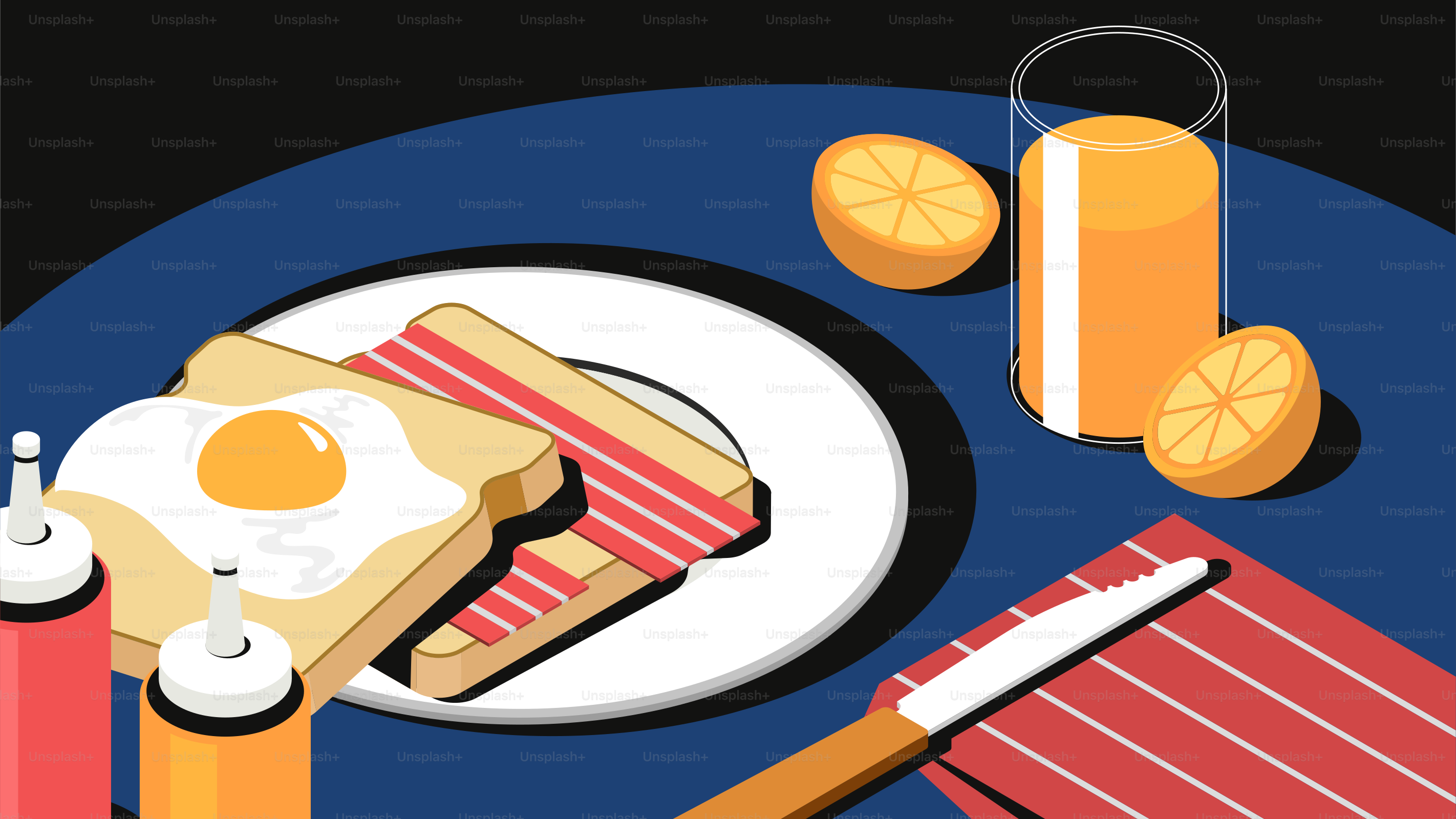 Assiette de petit-déjeuner avec du pain grillé, du bacon, des œufs et du jus d’orange.