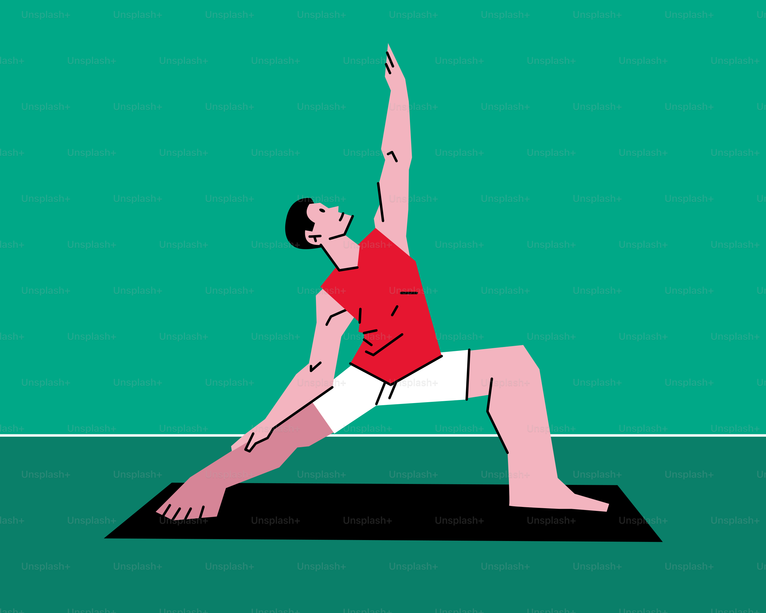 Man practicing warrior two yoga pose on mat.
