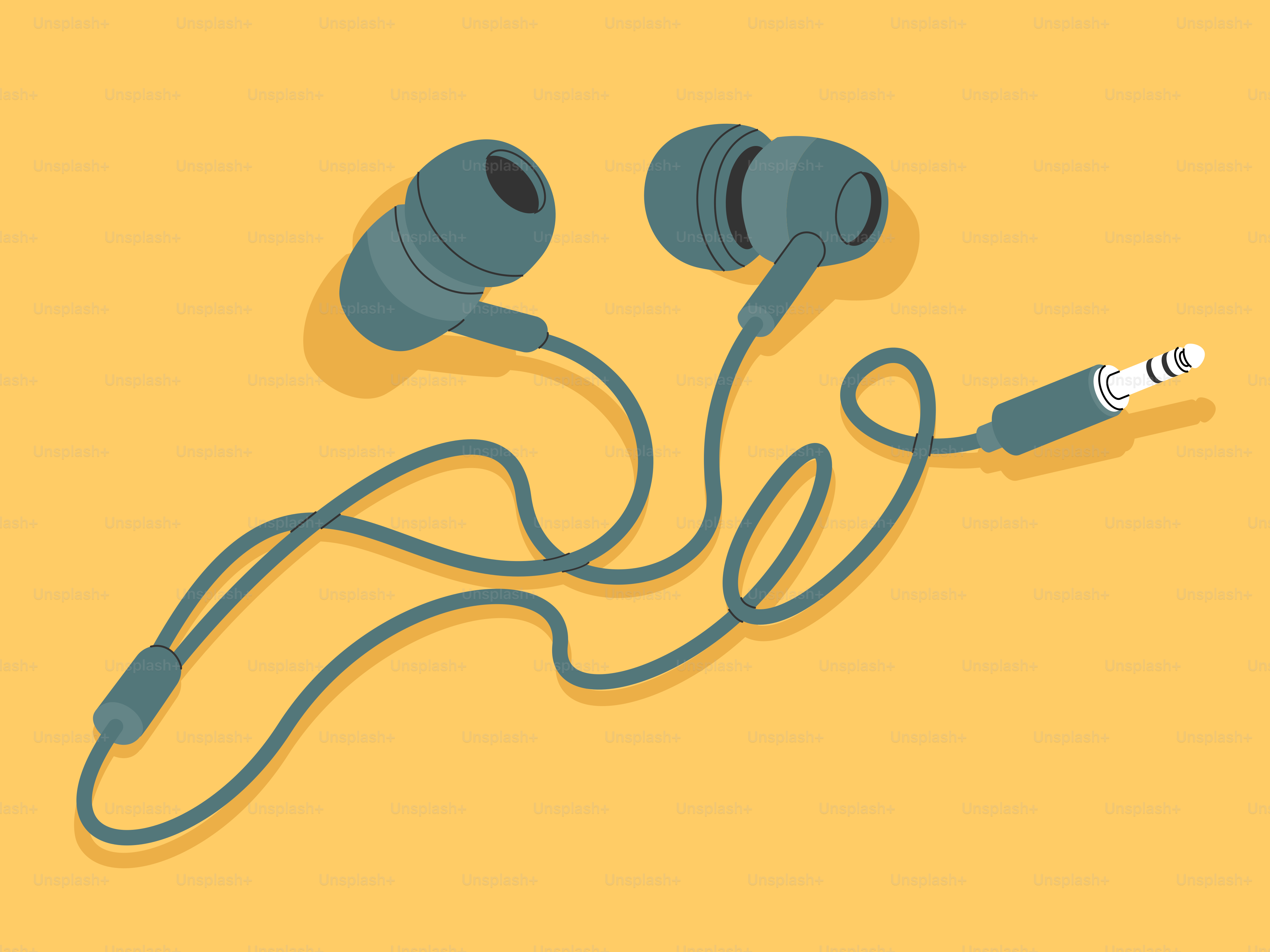Earbuds with tangled cord on yellow background