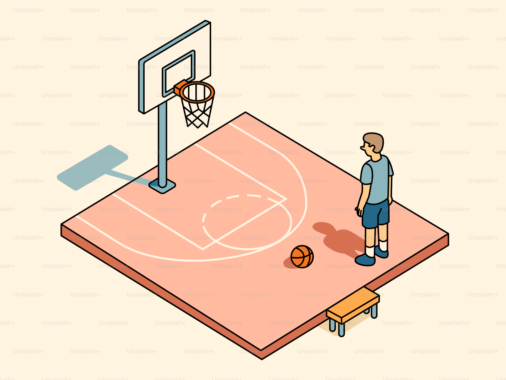 Man on a basketball court with hoop and hoop.