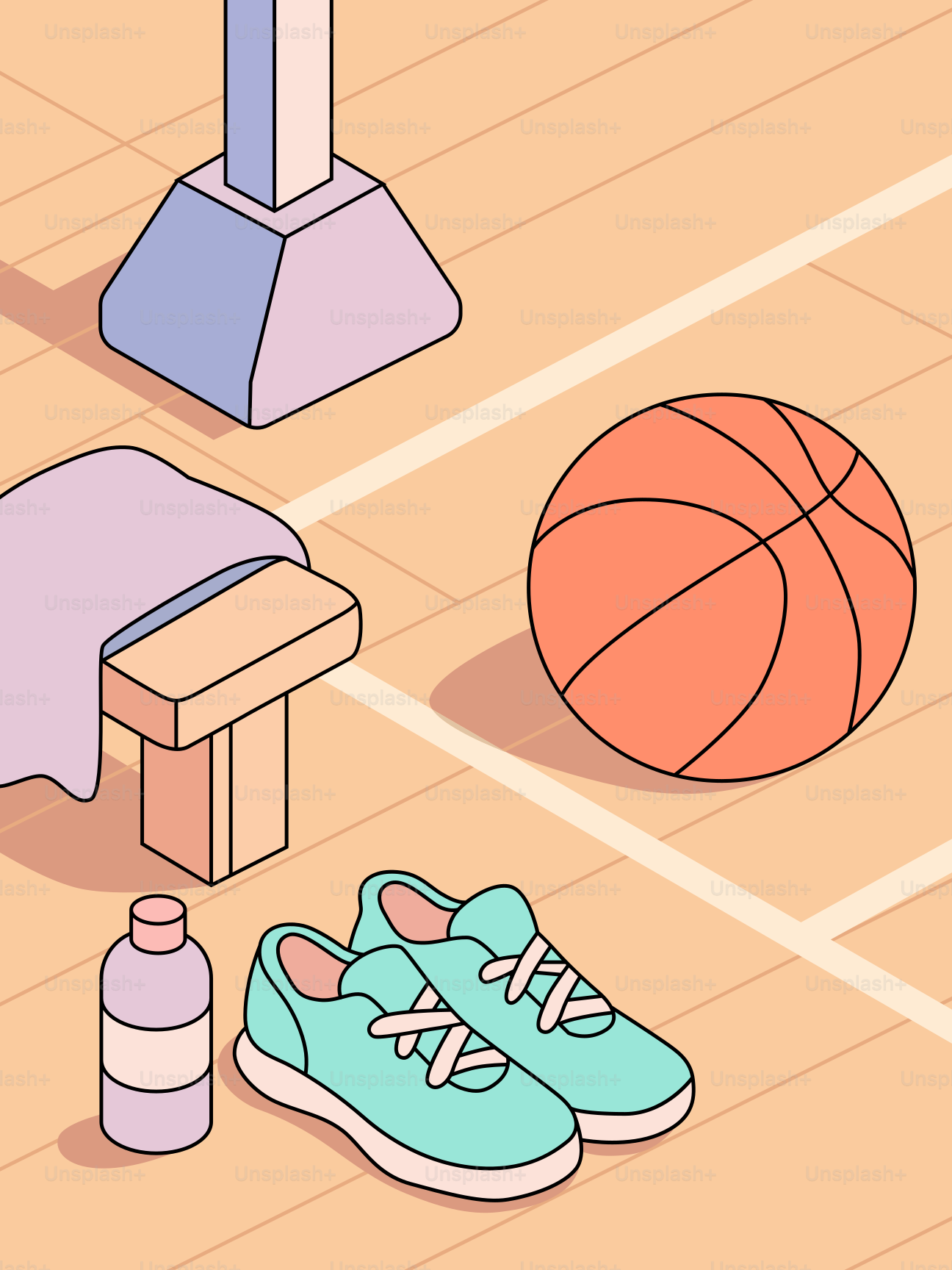 Basketball, sneakers, and water bottle on court.