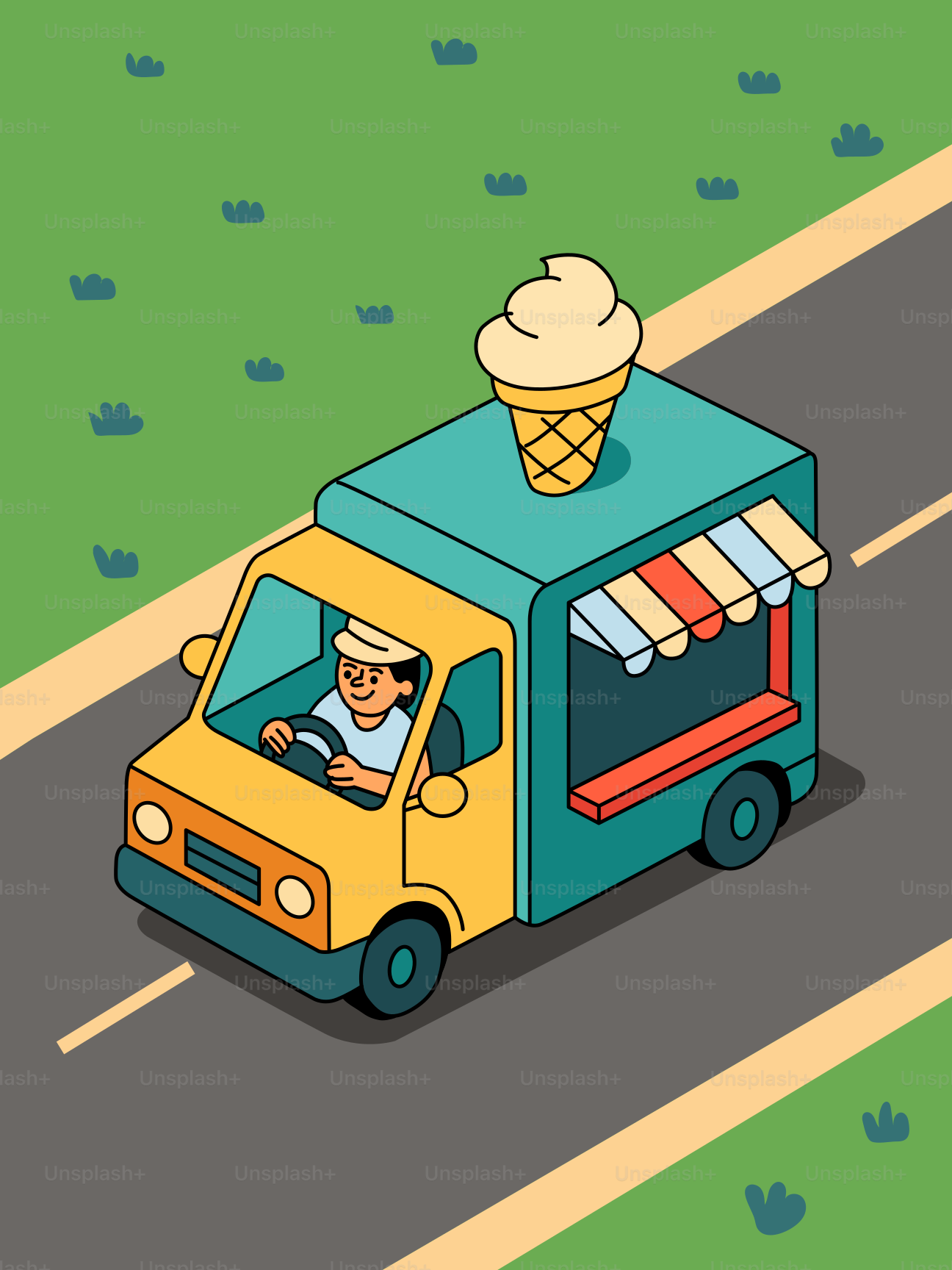 An ice cream truck drives down a road.