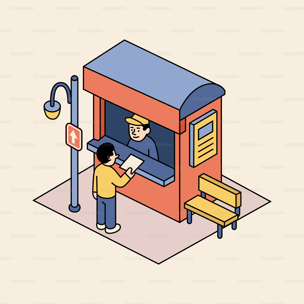 Man buys paper from a kiosk attendant.