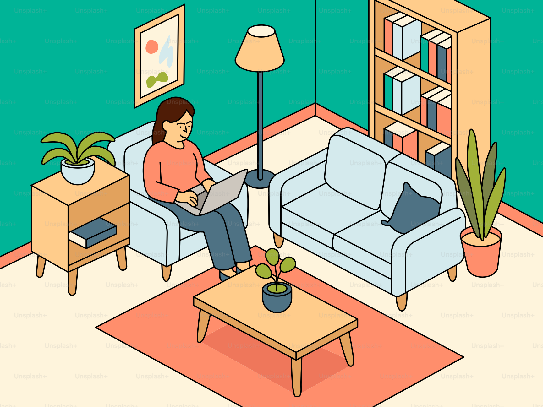 Woman working on a laptop in a cozy living room.