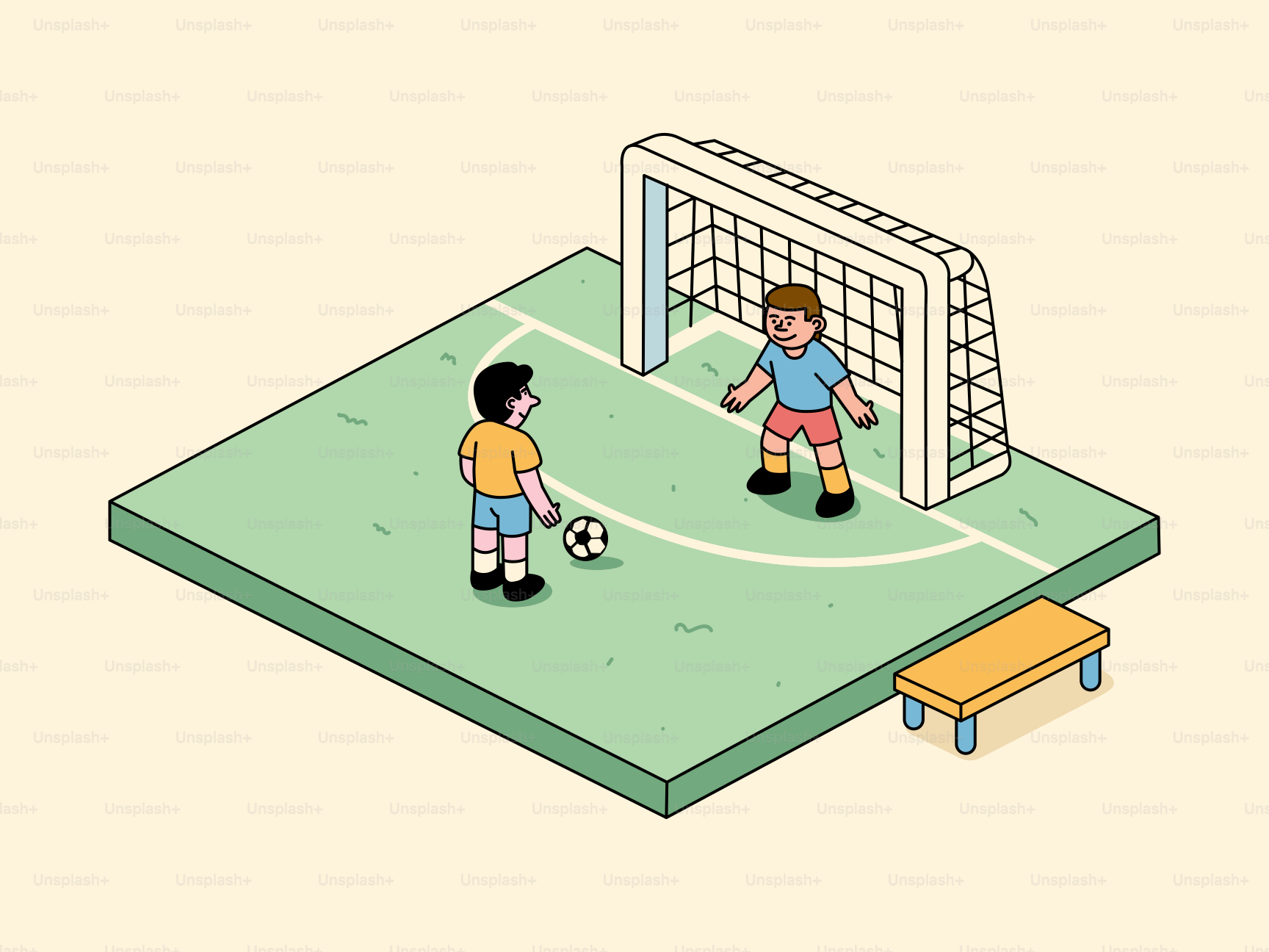 Two boys playing soccer on a field