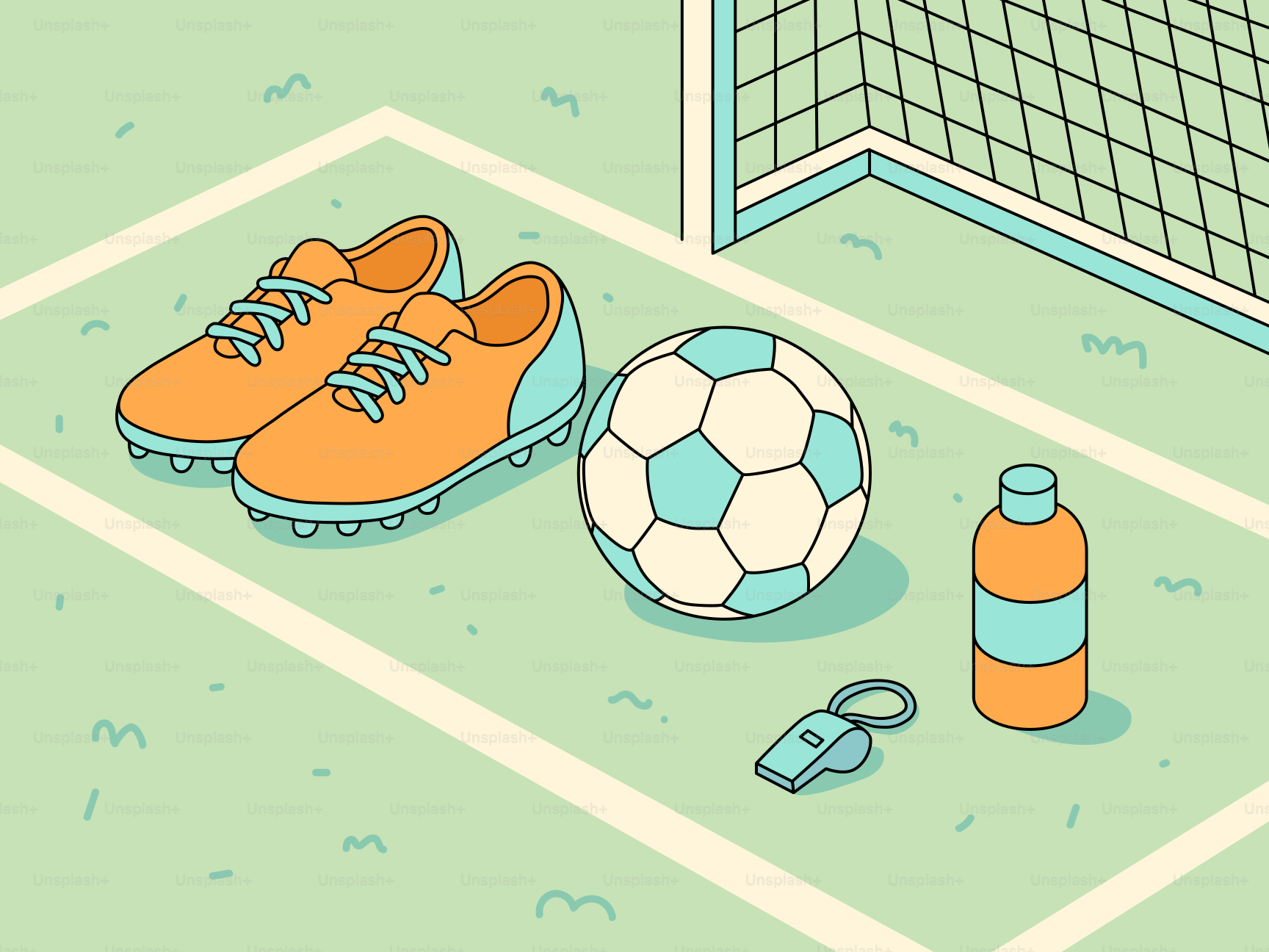 Soccer ball, cleats, whistle, and water bottle on field.