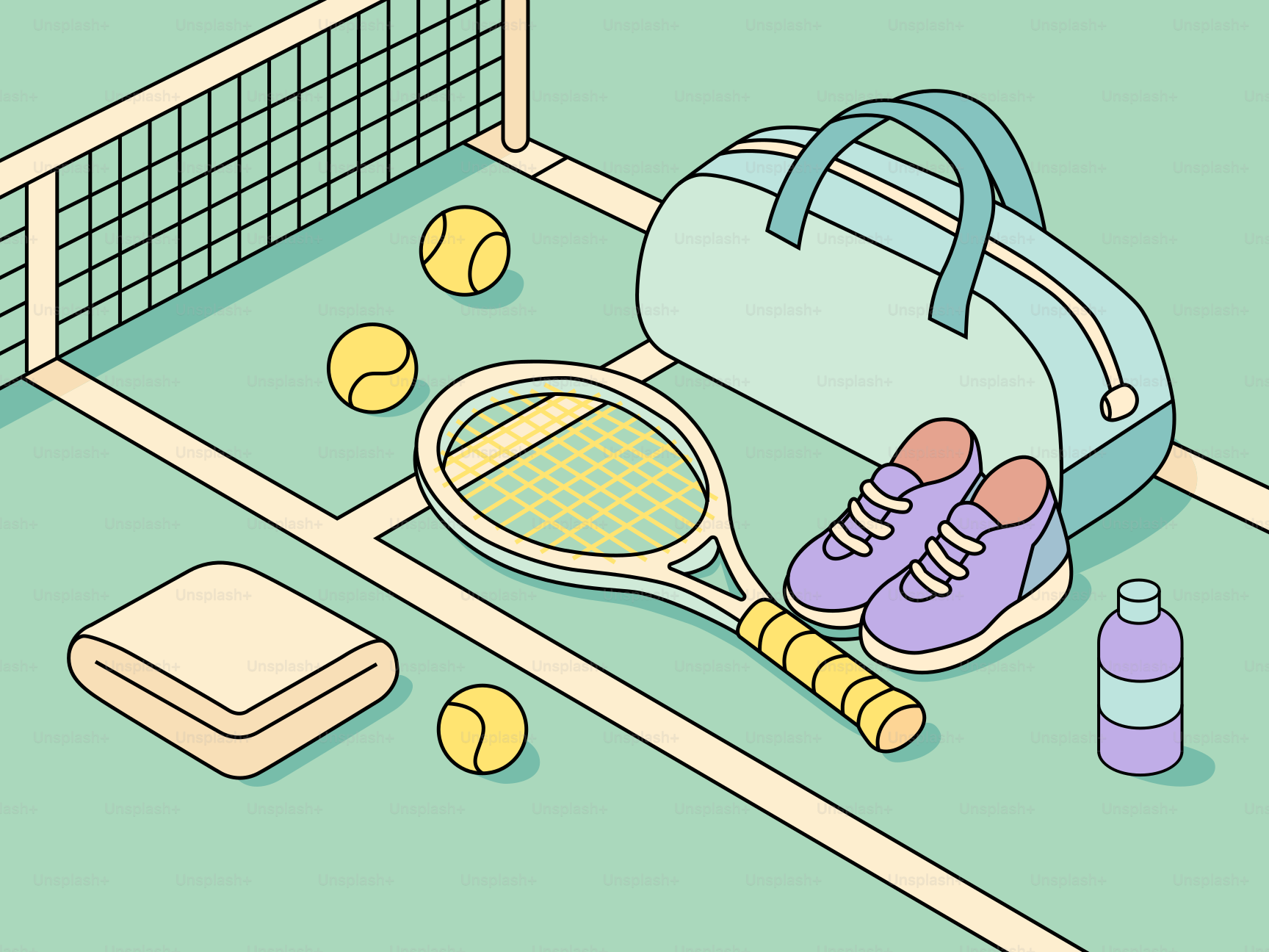 Tennis racket, balls, shoes, and bag on court.