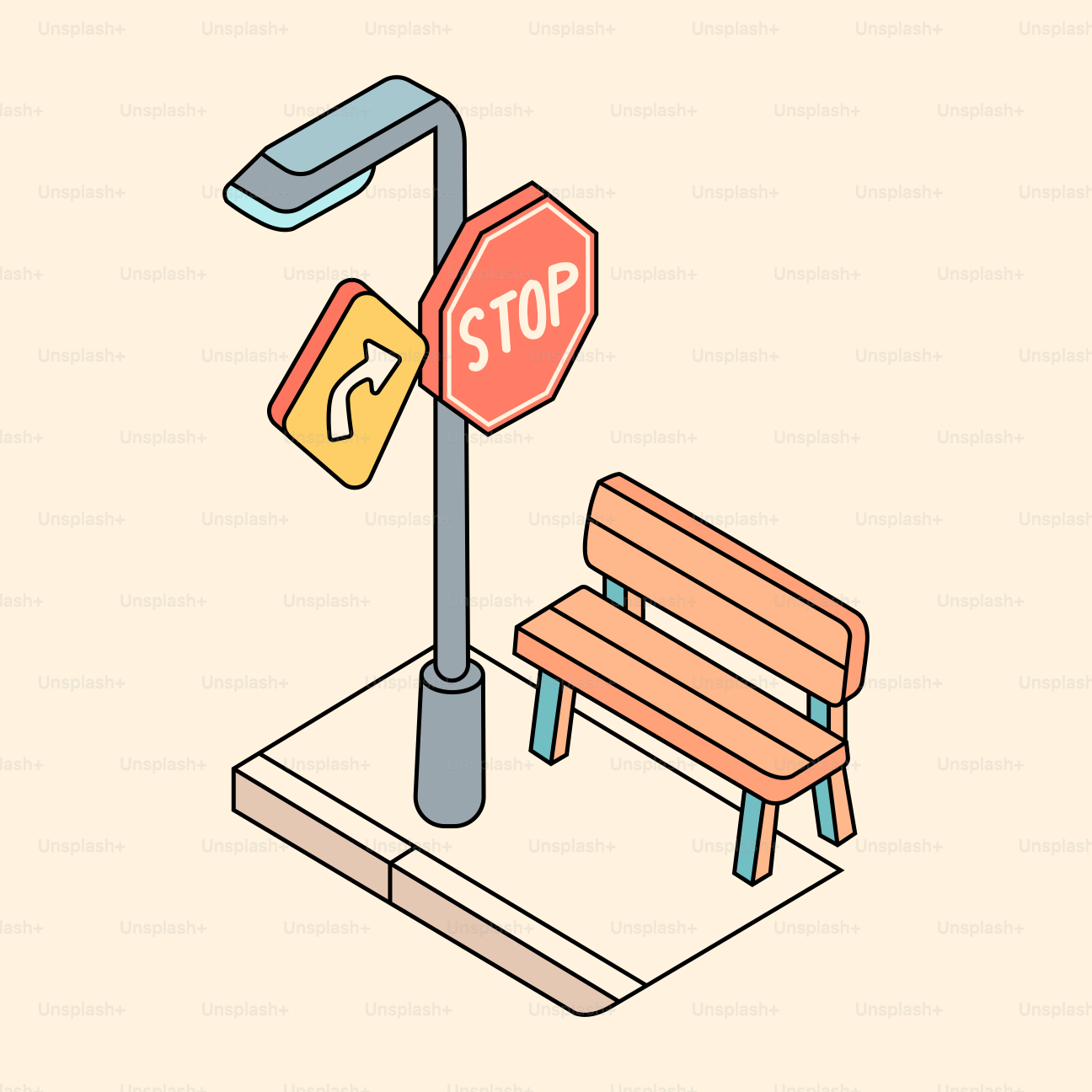 Street lamp, stop sign, and bench on sidewalk.