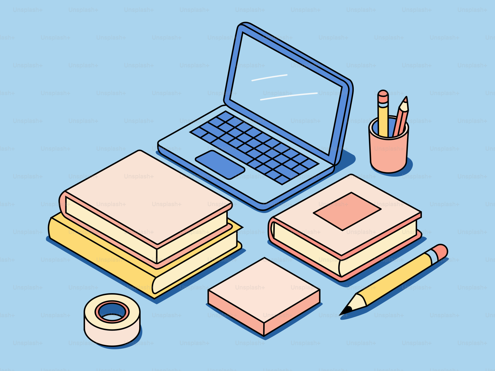 Laptop, books, and stationery on a blue background.
