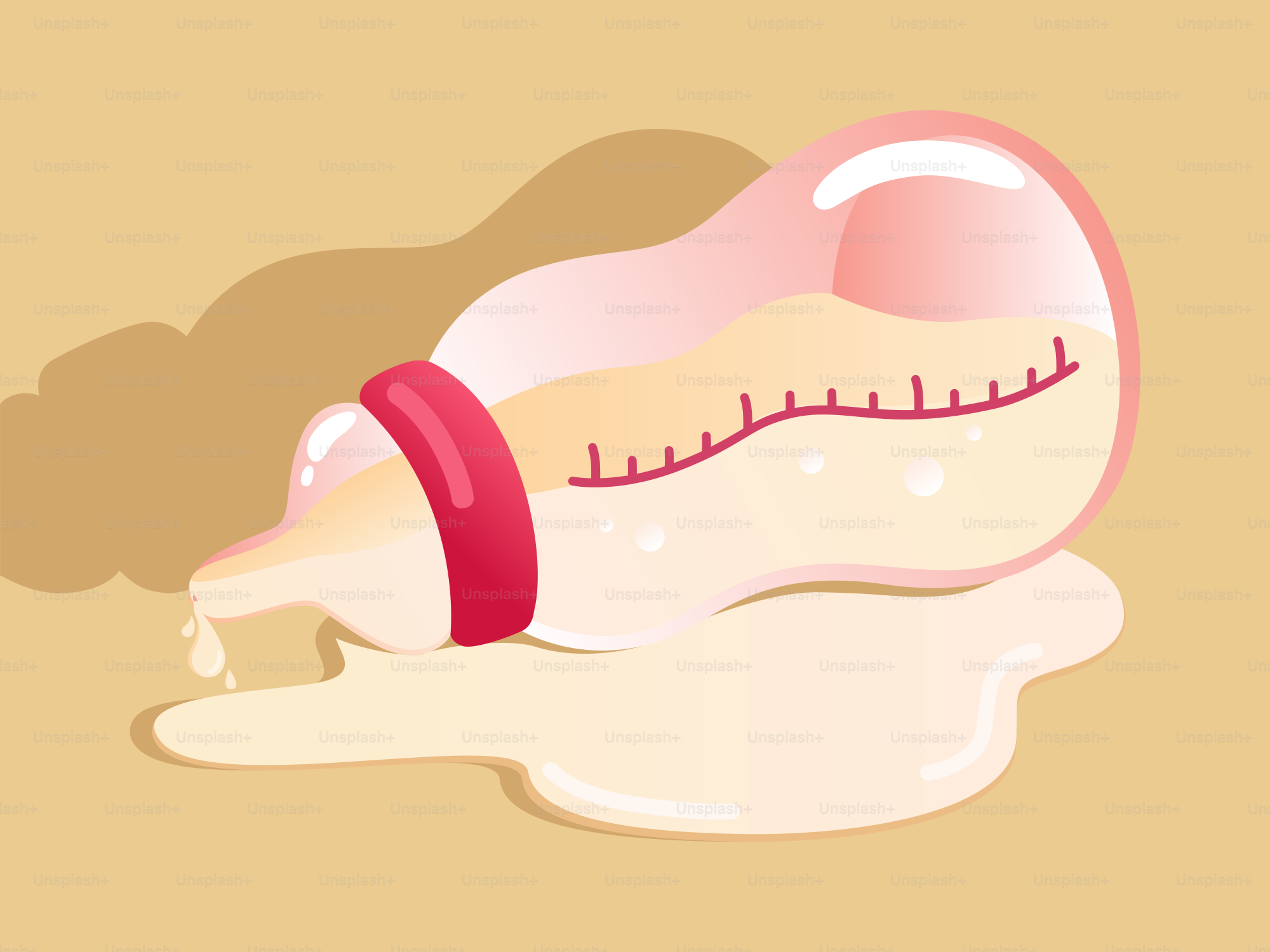 A baby bottle tipped over with milk spilled out.