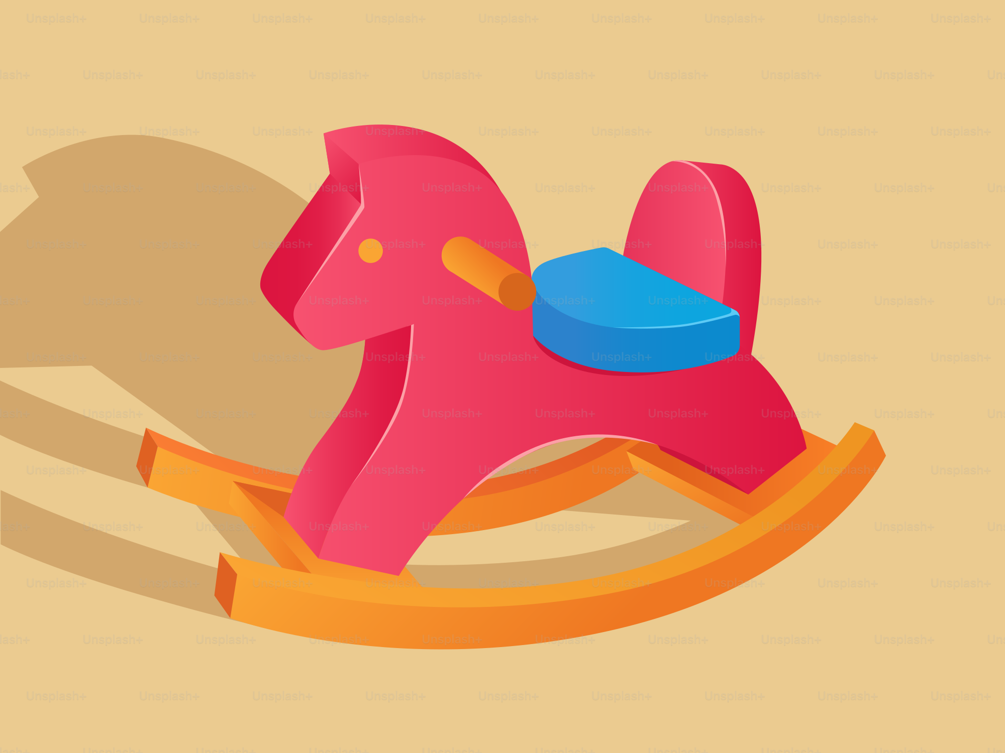 A pink rocking horse toy with a blue saddle.