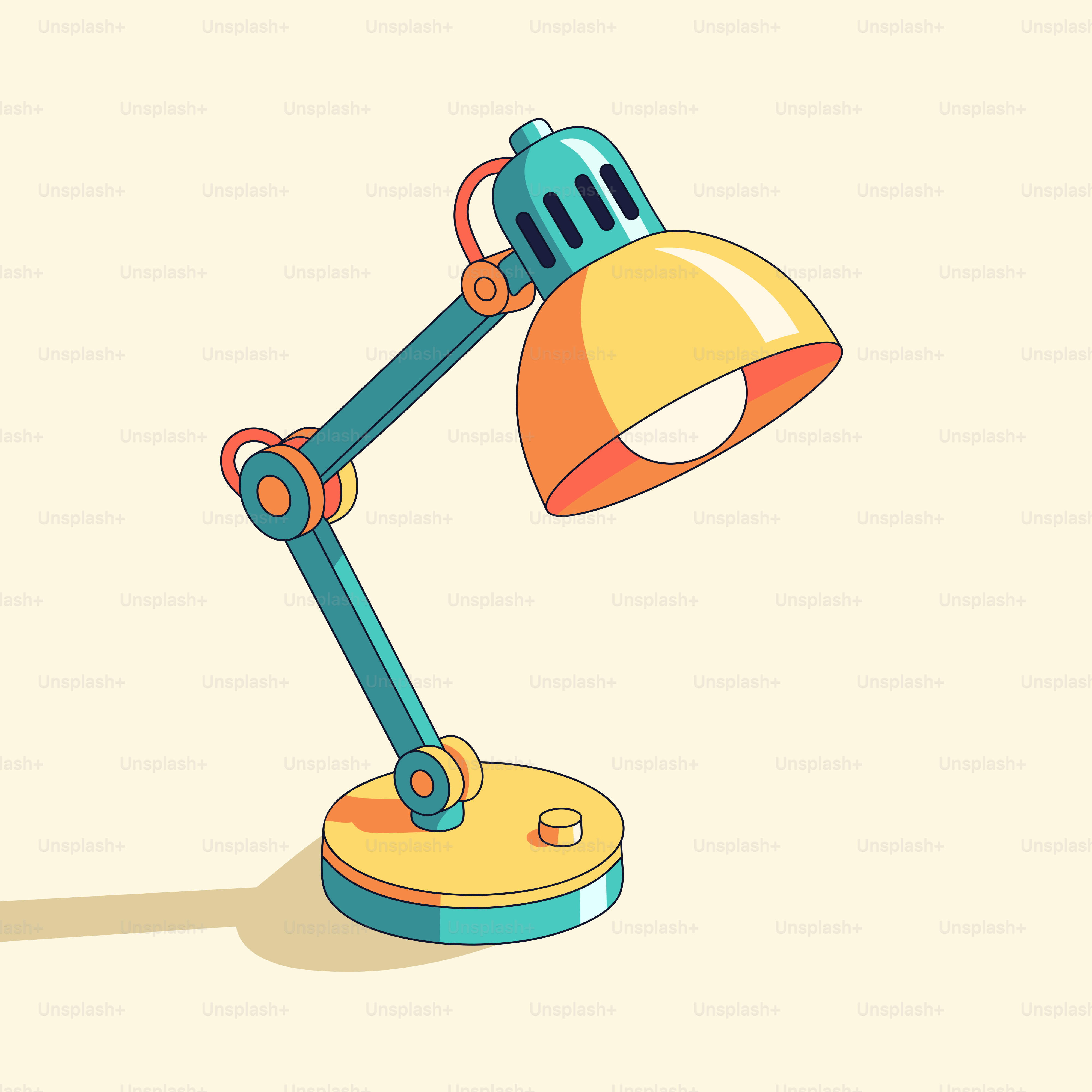 A teal and yellow desk lamp on a cream background.