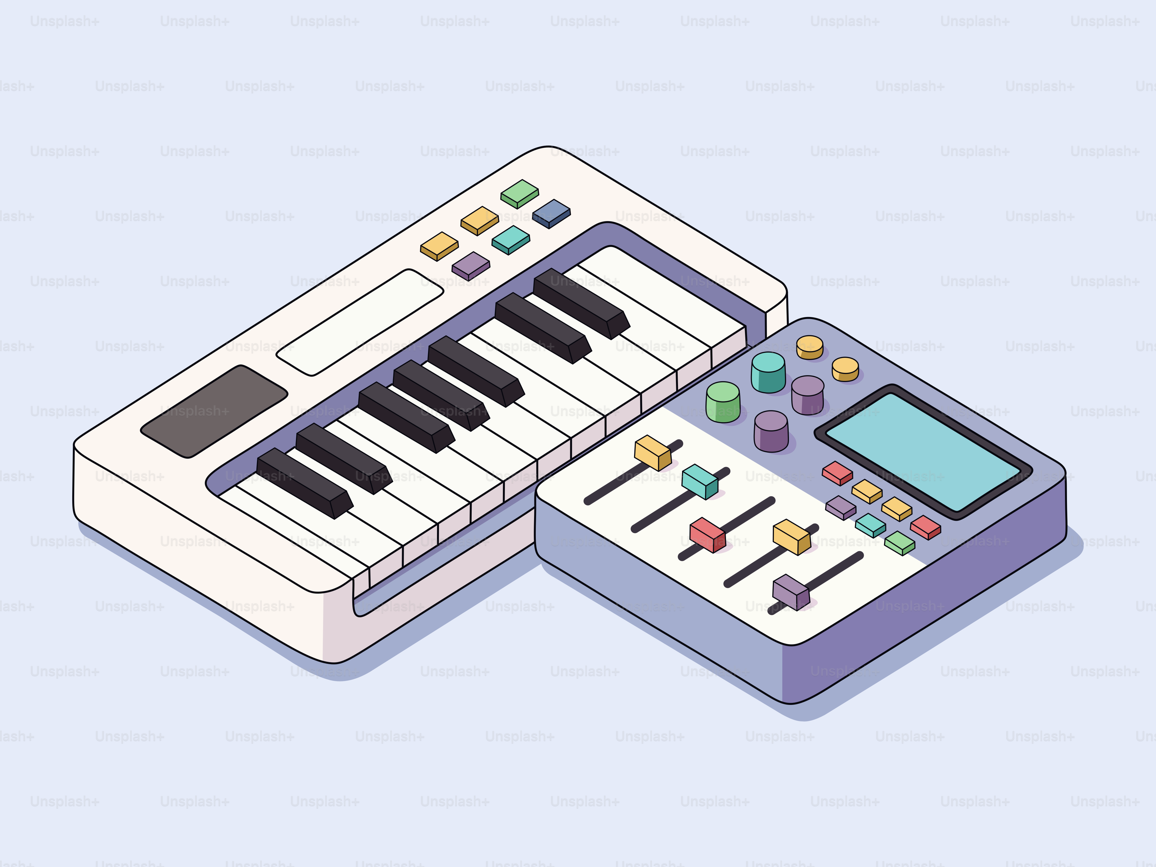 Musikkeyboard und Audiomixer auf hellblauem Hintergrund