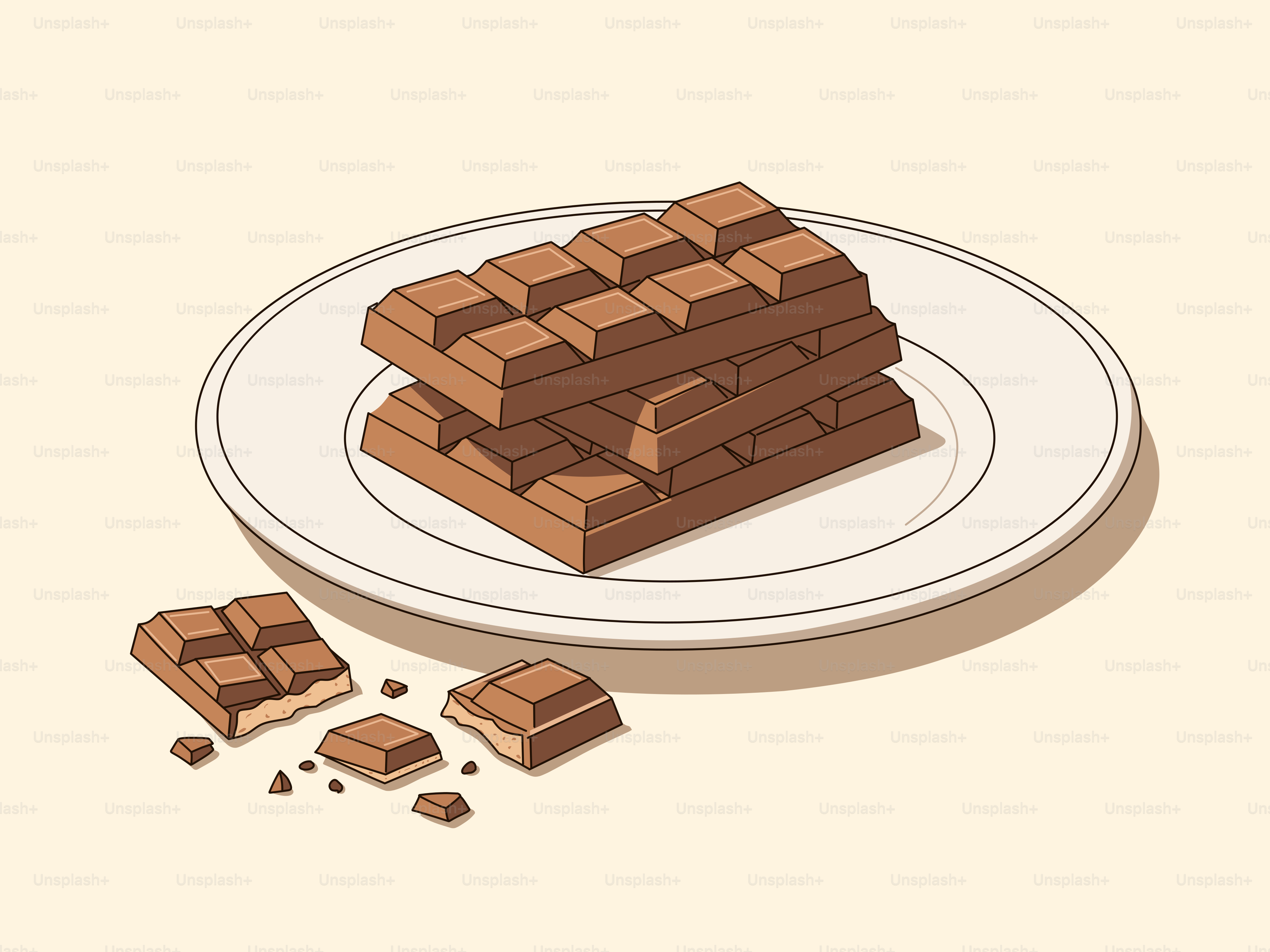 pilha de barras de chocolate em um prato com pedaços quebrados.