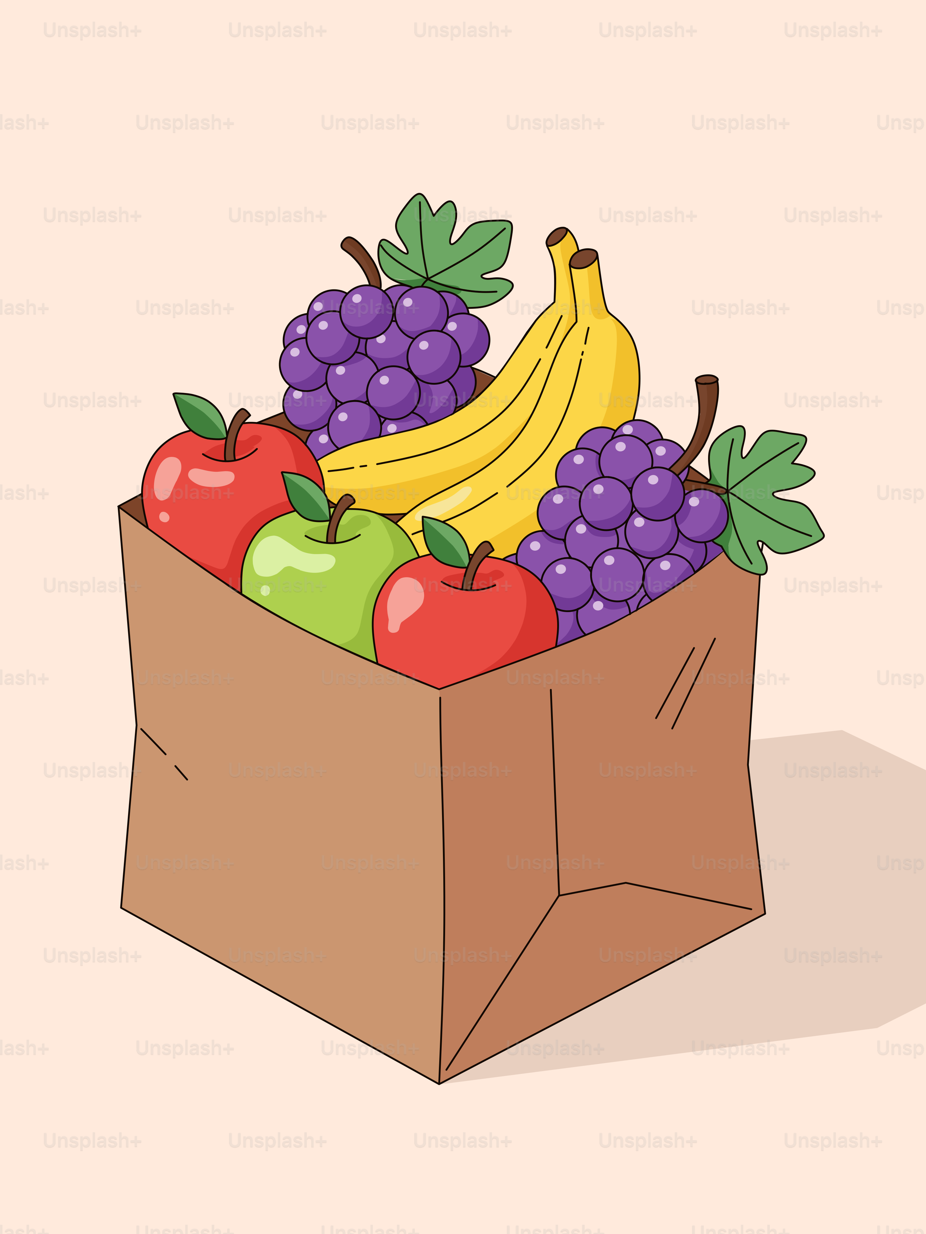 Brown paper bag filled with apples, bananas, and grapes.