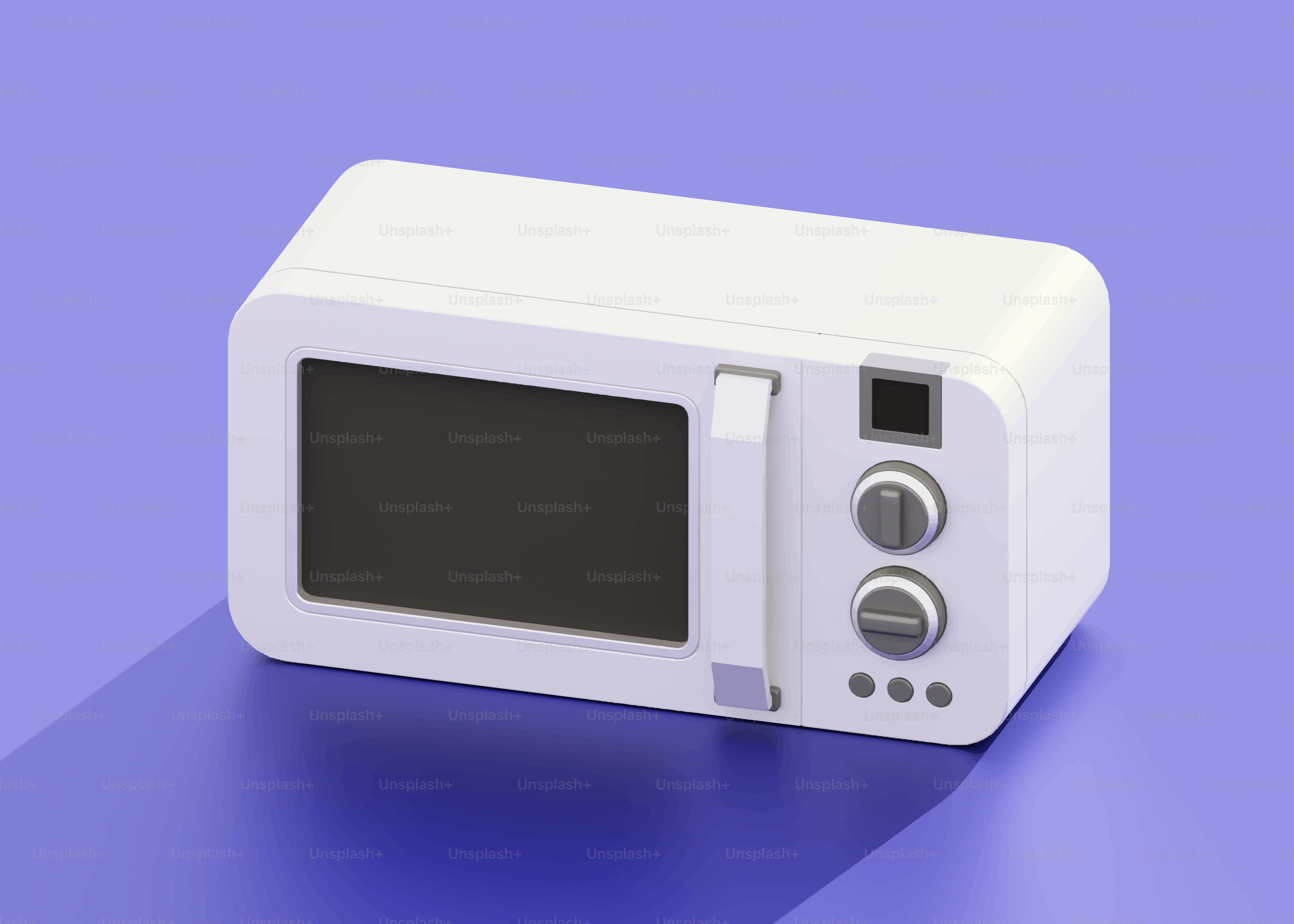 A white microwave oven on a blue surface.