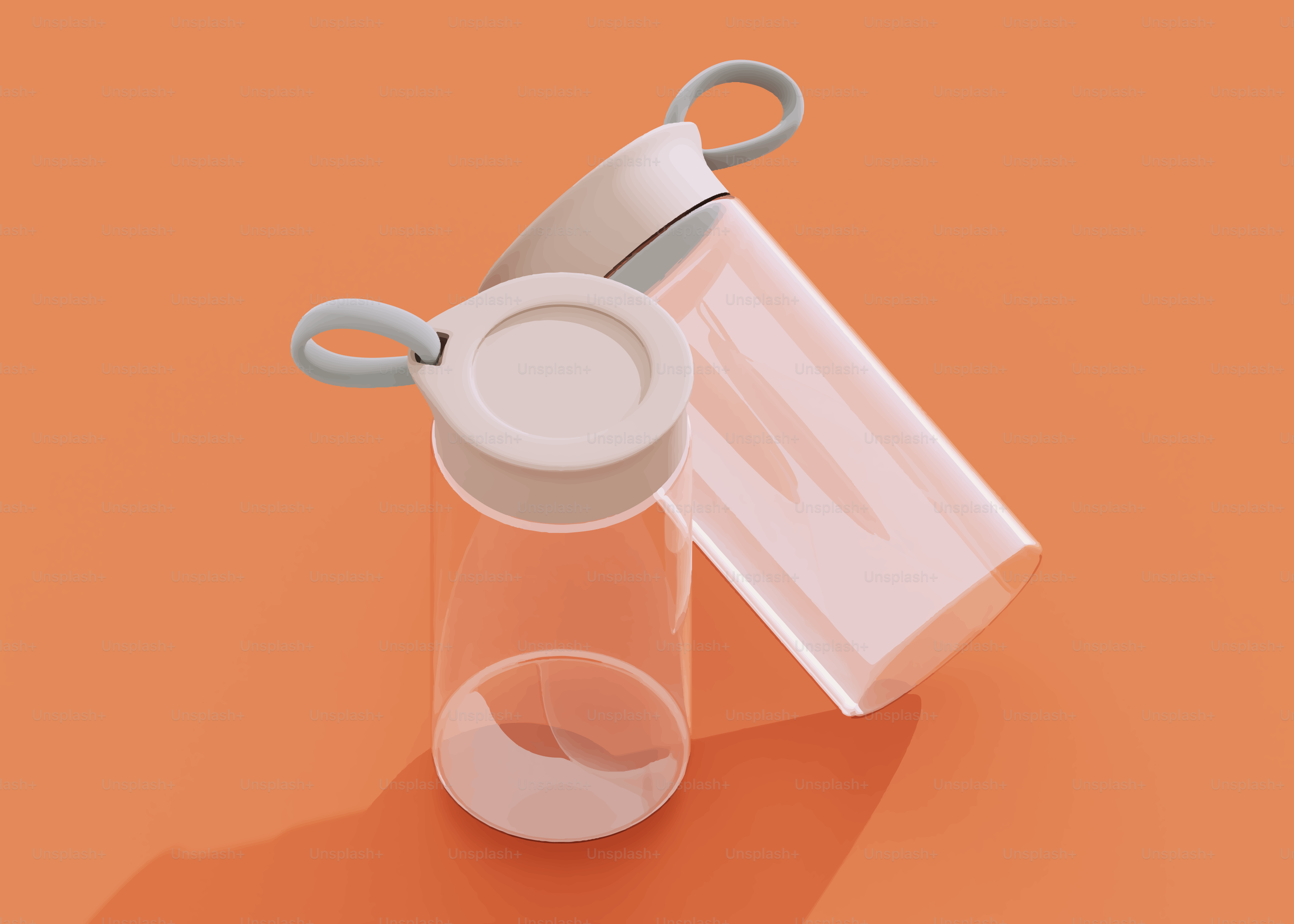 Two clear glass water bottles with white lids