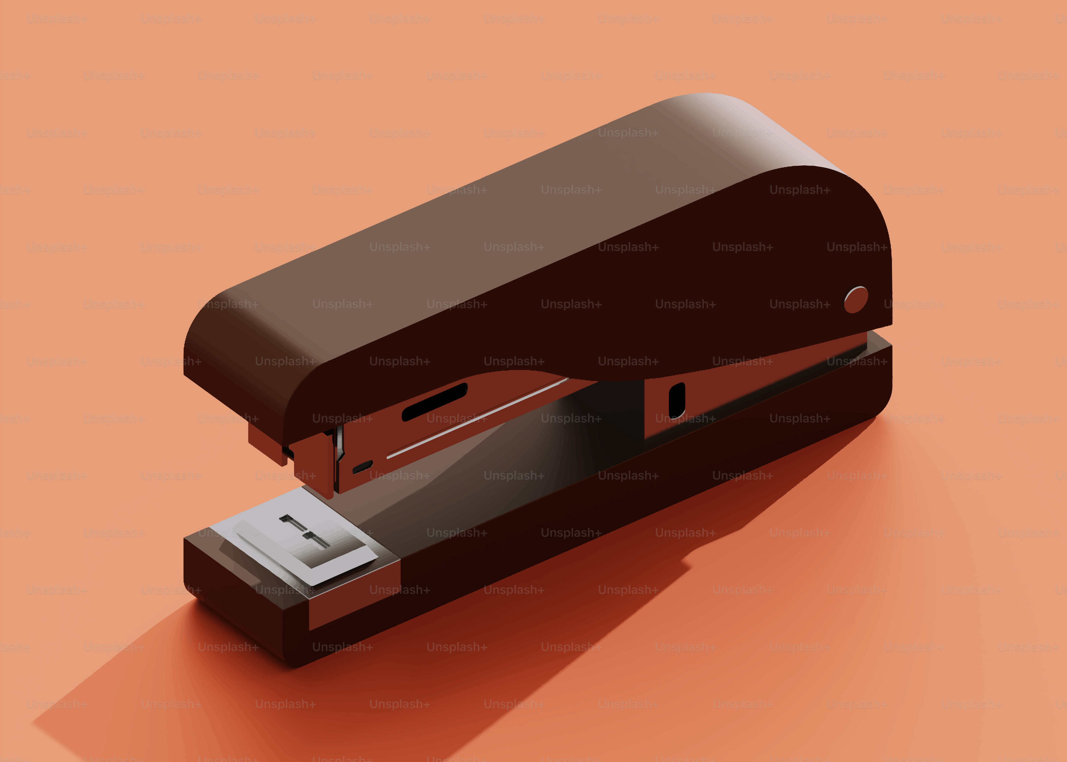 A brown stapler rests on an orange surface.