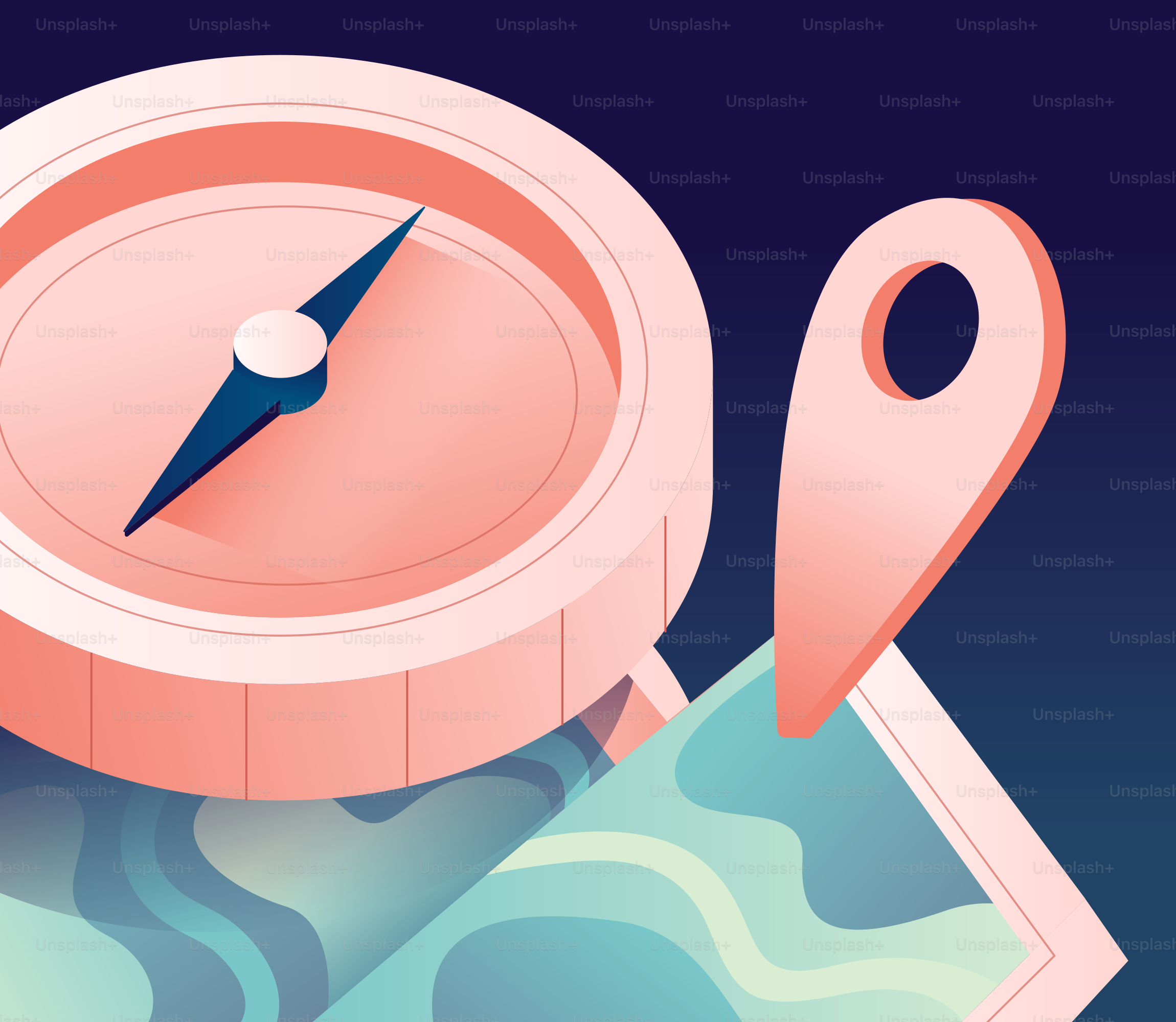 Kompass und Kartenmarkierung auf abstraktem Hintergrund