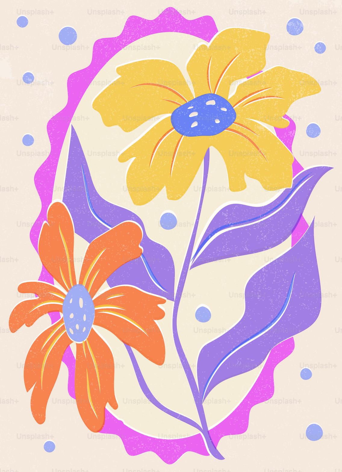 クリーム色の背景に紫色の葉を持つ2つの様式化された花