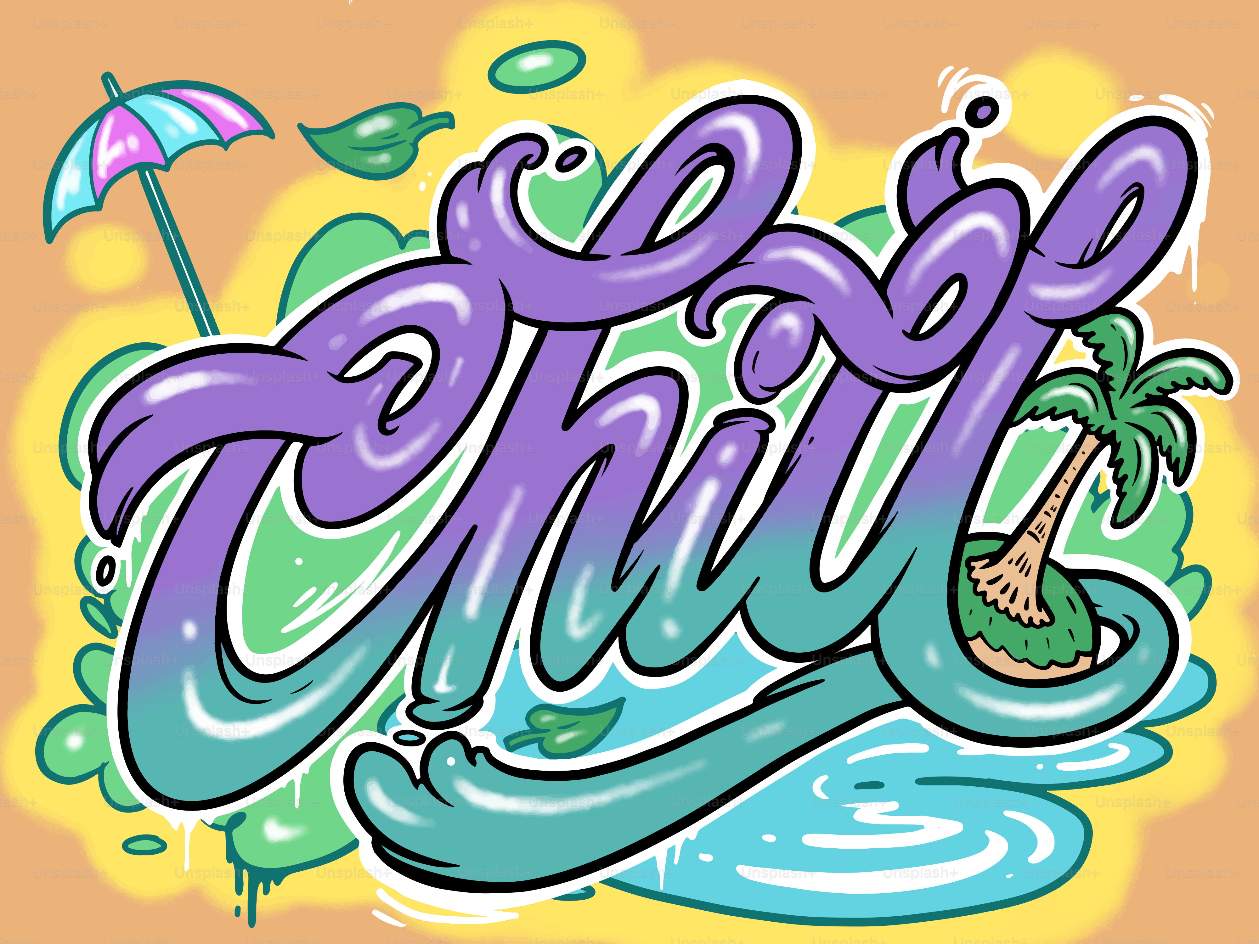 Grafite graffiti soletra "chill" com elementos tropicais.