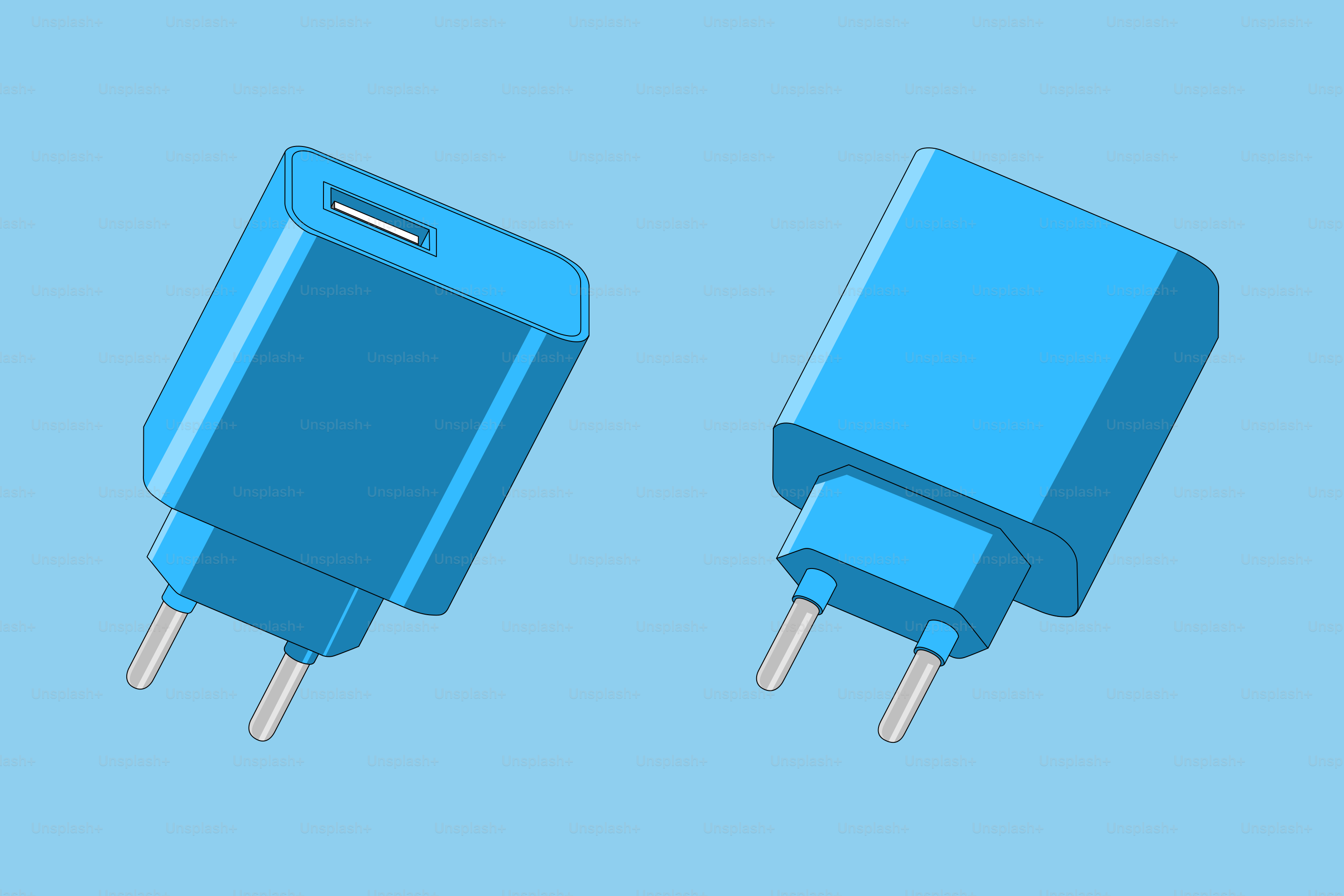 Two blue usb power adapters on a blue background