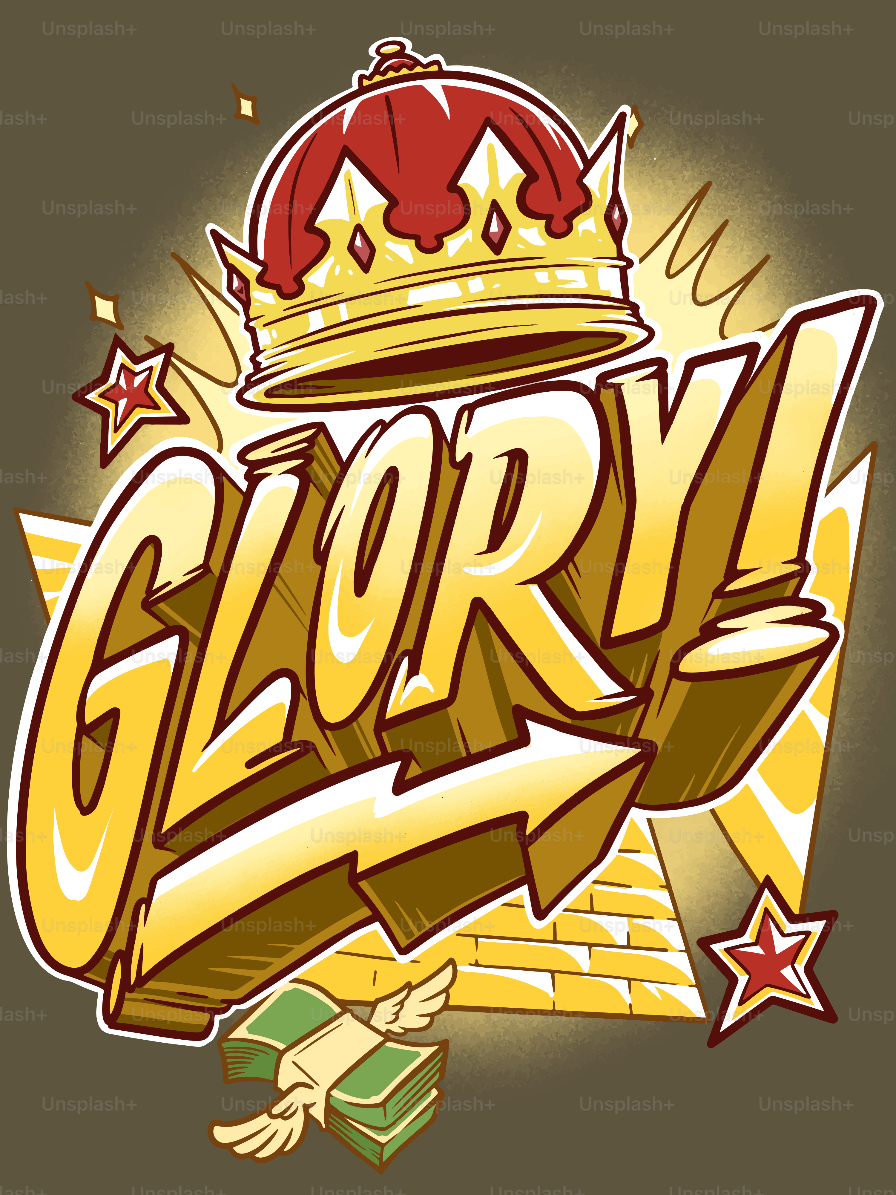 Graffiti doré mot 'gloire' avec couronne et argent.