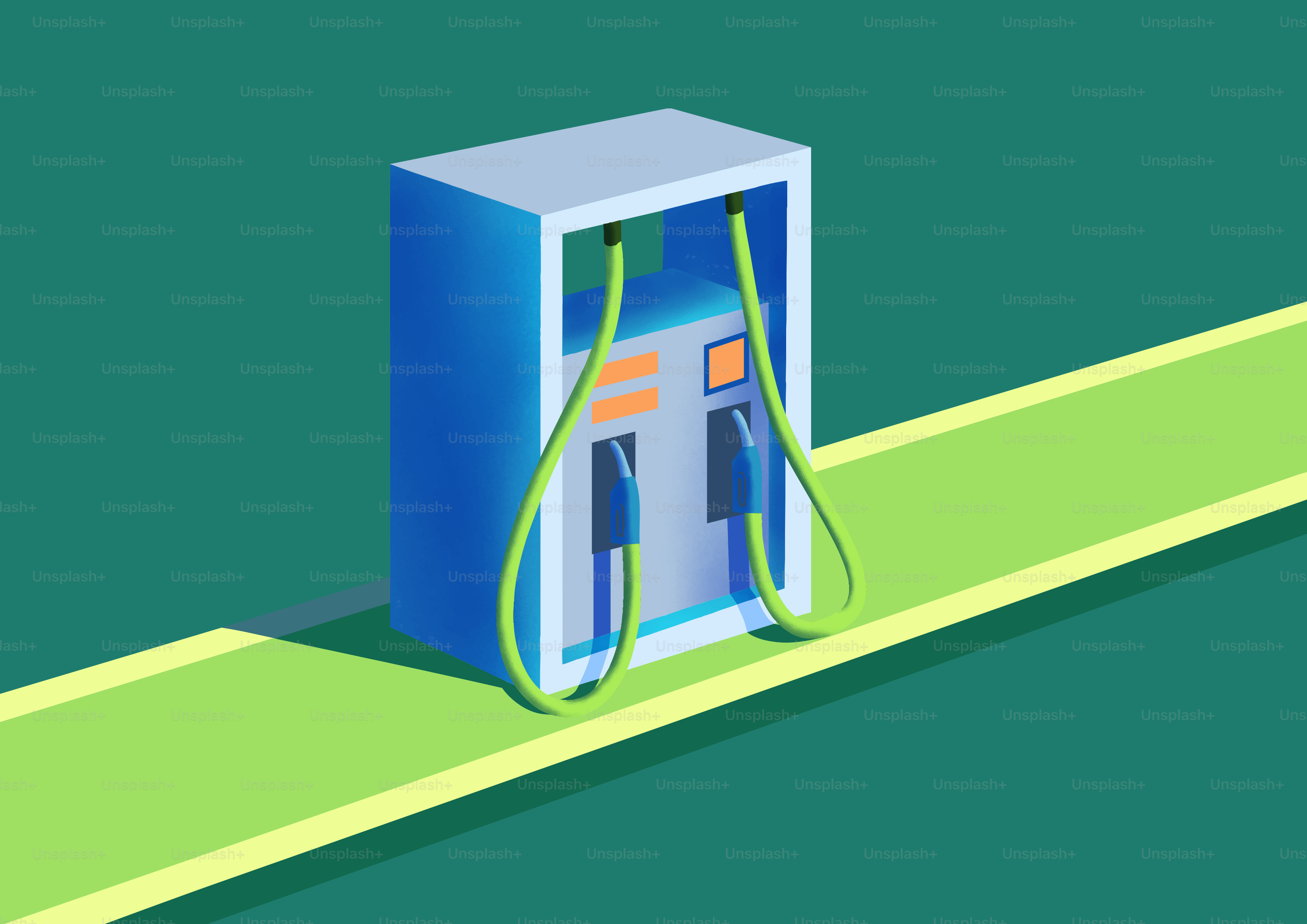 Electric car charging station on a green road