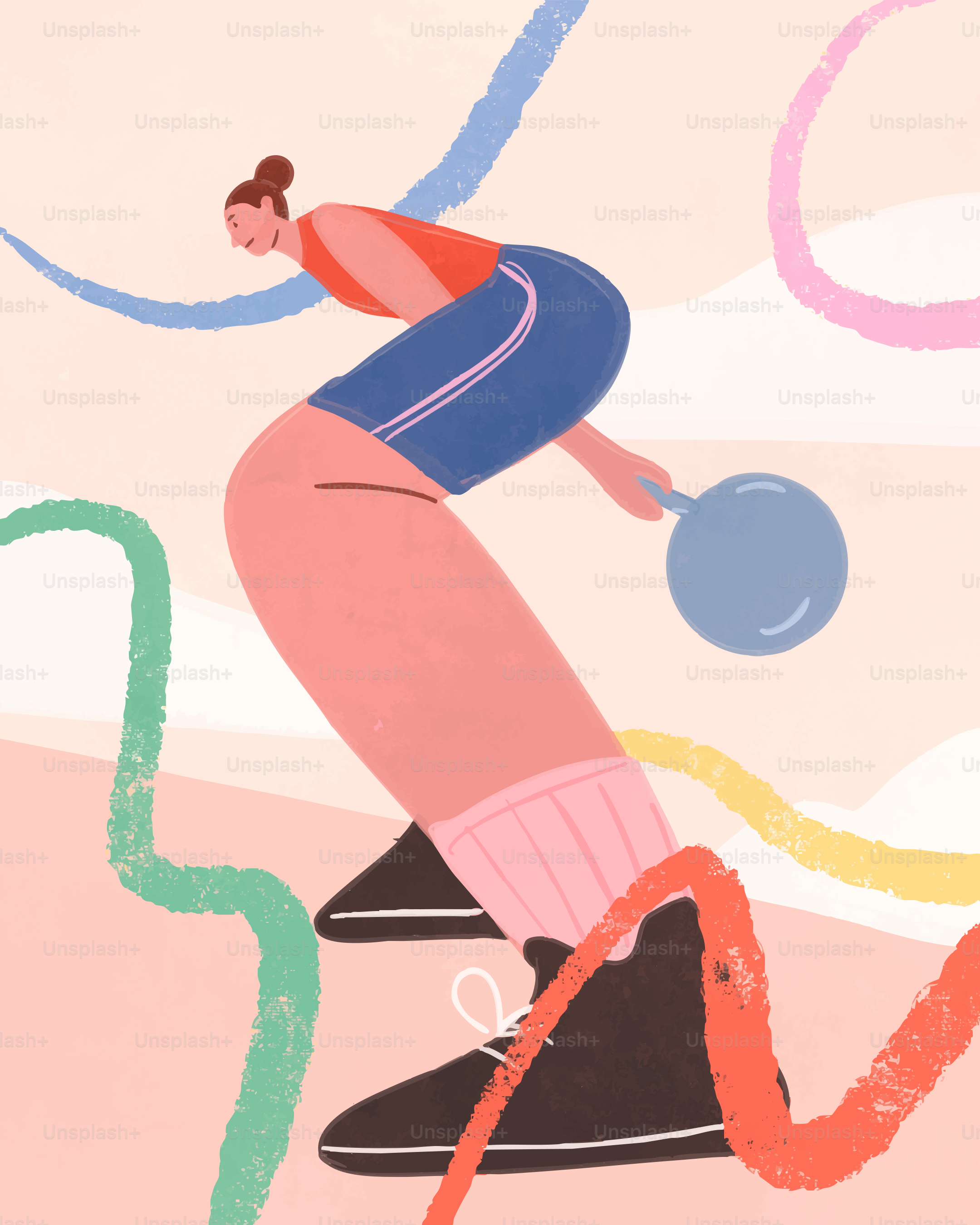 Woman exercising with a kettlebell, surrounded by colorful abstract lines.
