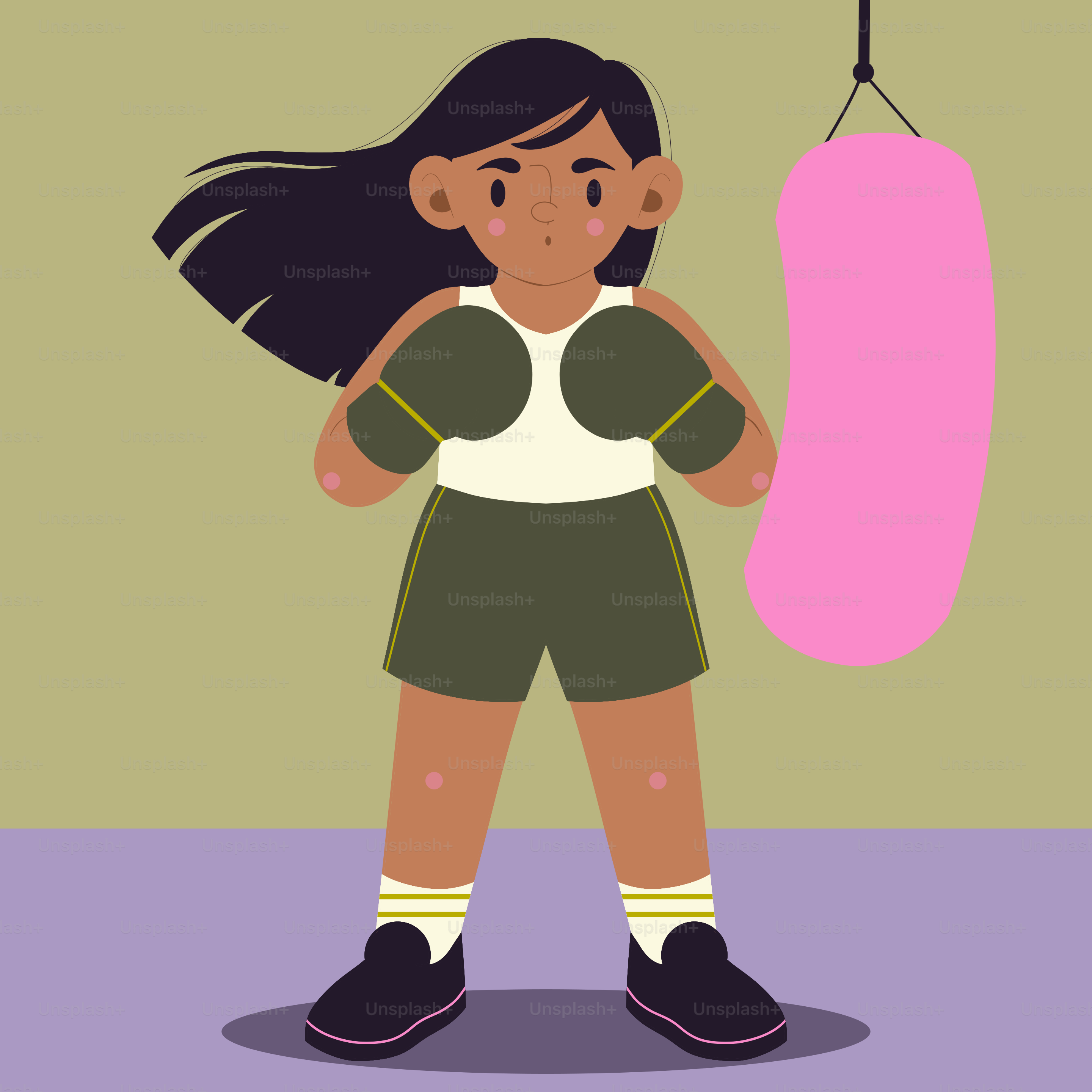 Wanita muda dengan sarung tinju berdiri di dekat karung tinju merah muda.