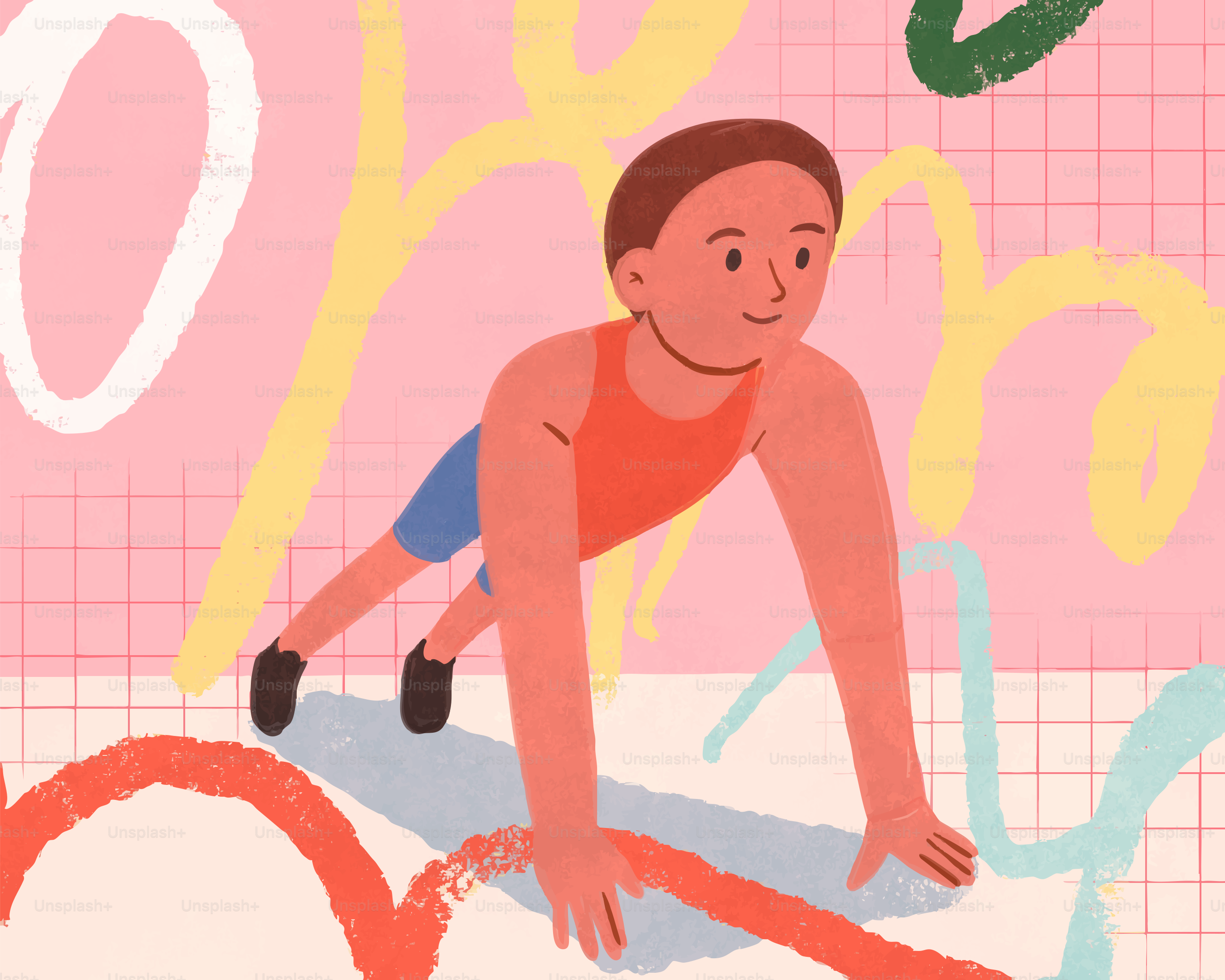 Uma pessoa fazendo uma flexão com formas abstratas coloridas.