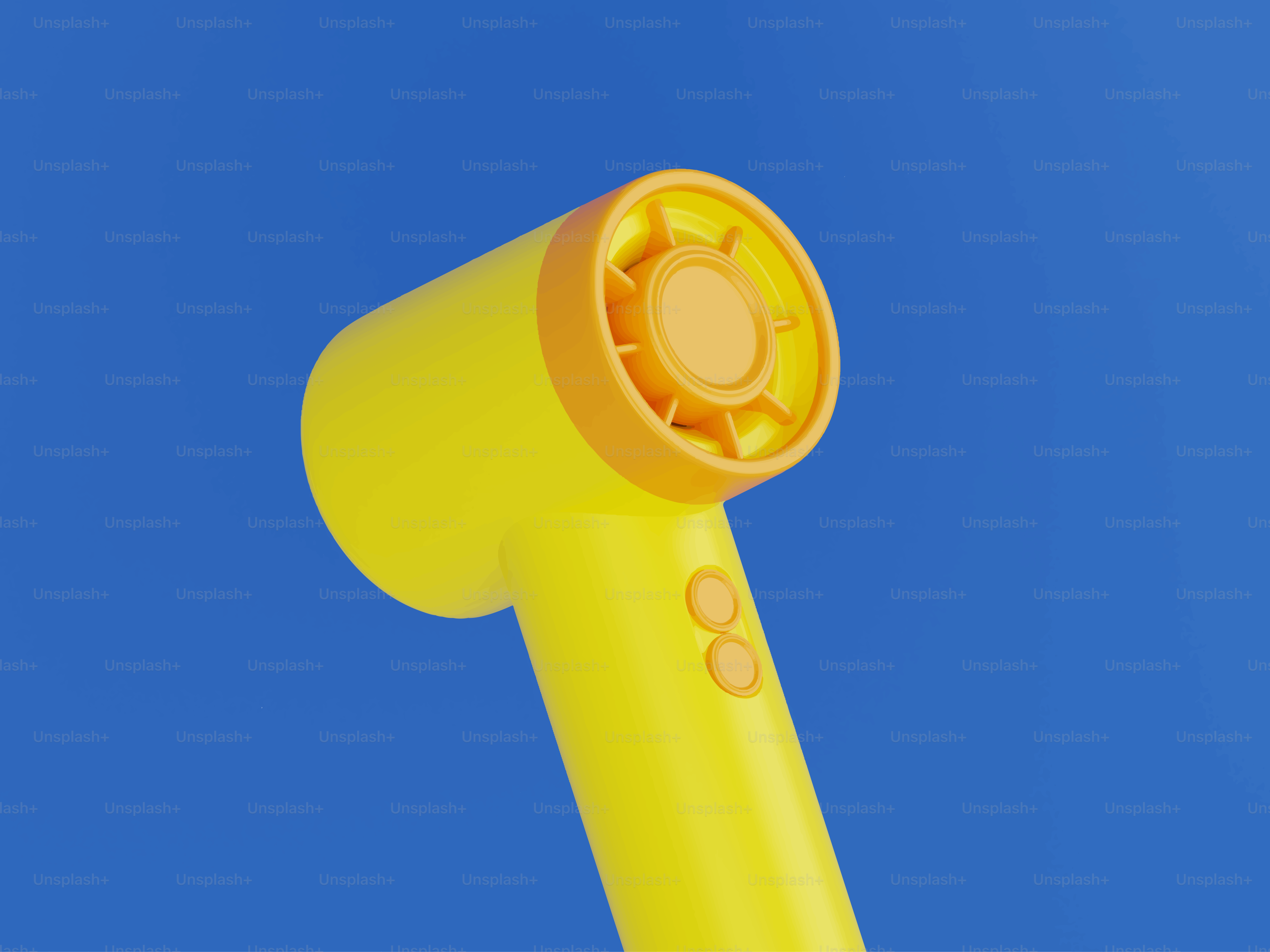 Gelber Föhn mit orangefarbenen Akzenten auf blauem Hintergrund